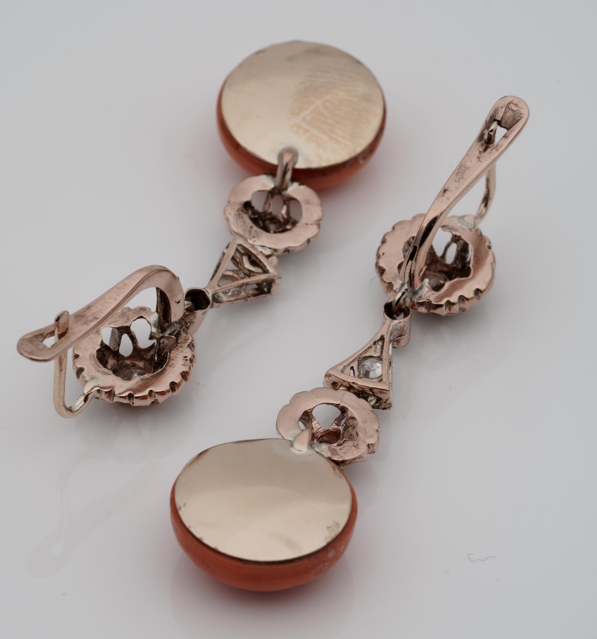 Fabulous Art Deco Natural Coral and Diamond Rare Drop Earrings For Sale 3