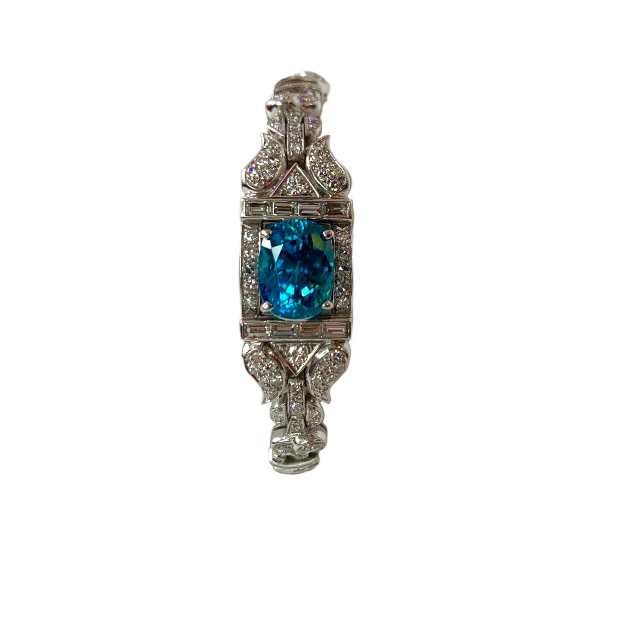 Fabulous Art Deco Platinum, Blue Zircon and Diamond Bracelet 4