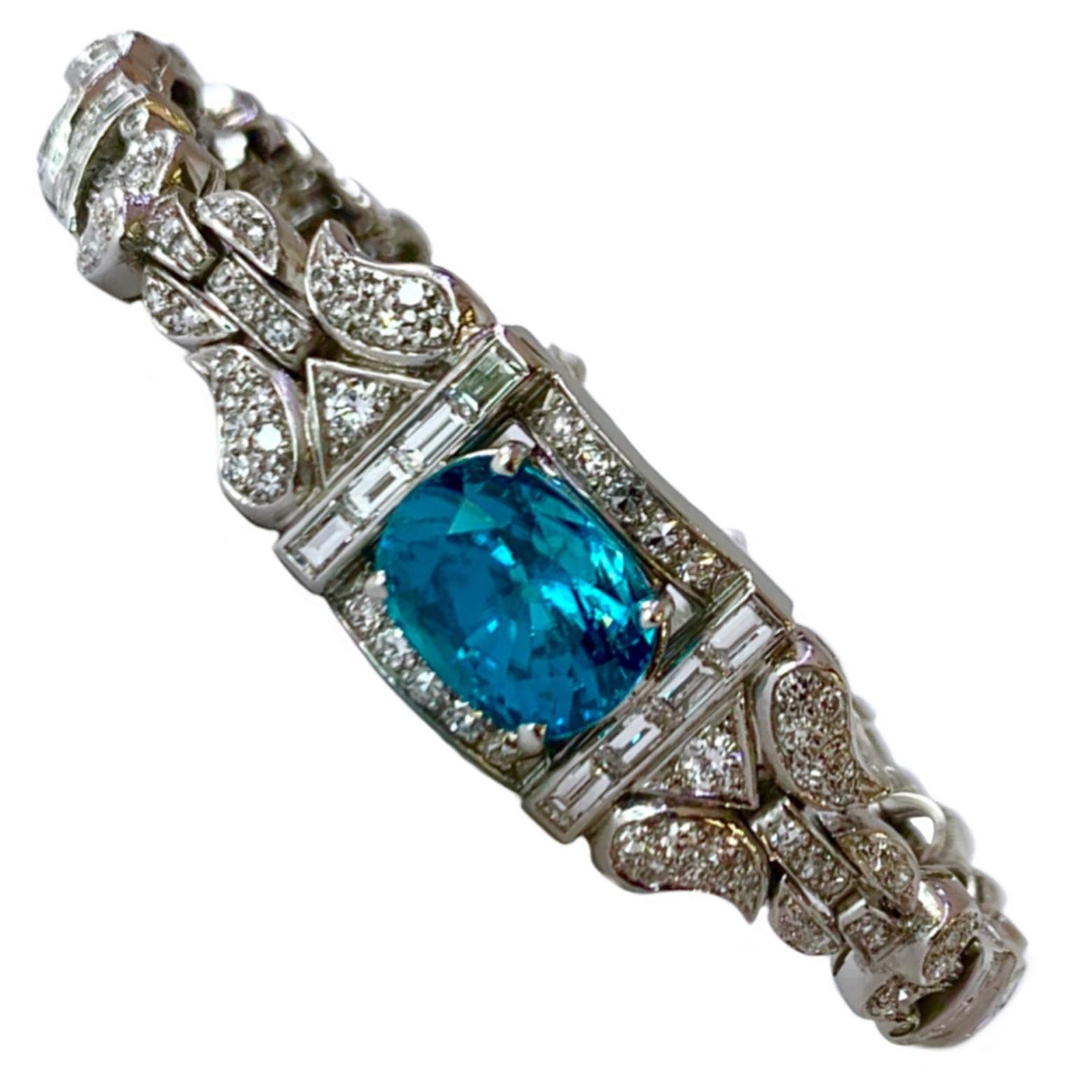 Fabulous Art Deco Platinum, Blue Zircon and Diamond Bracelet