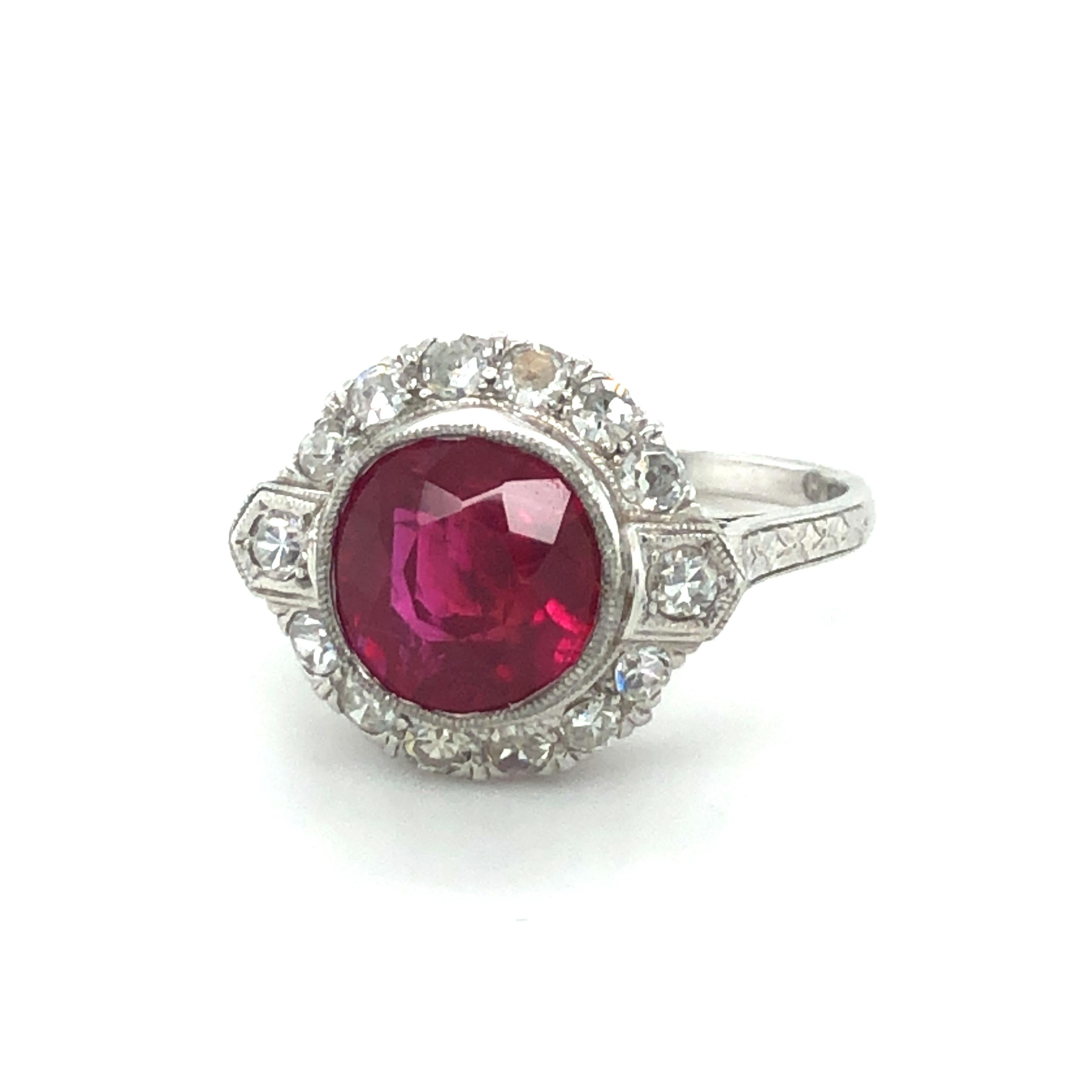Cushion Cut Fabulous Art Deco Ring with Burmese Ruby and Diamonds in Platinum 950
