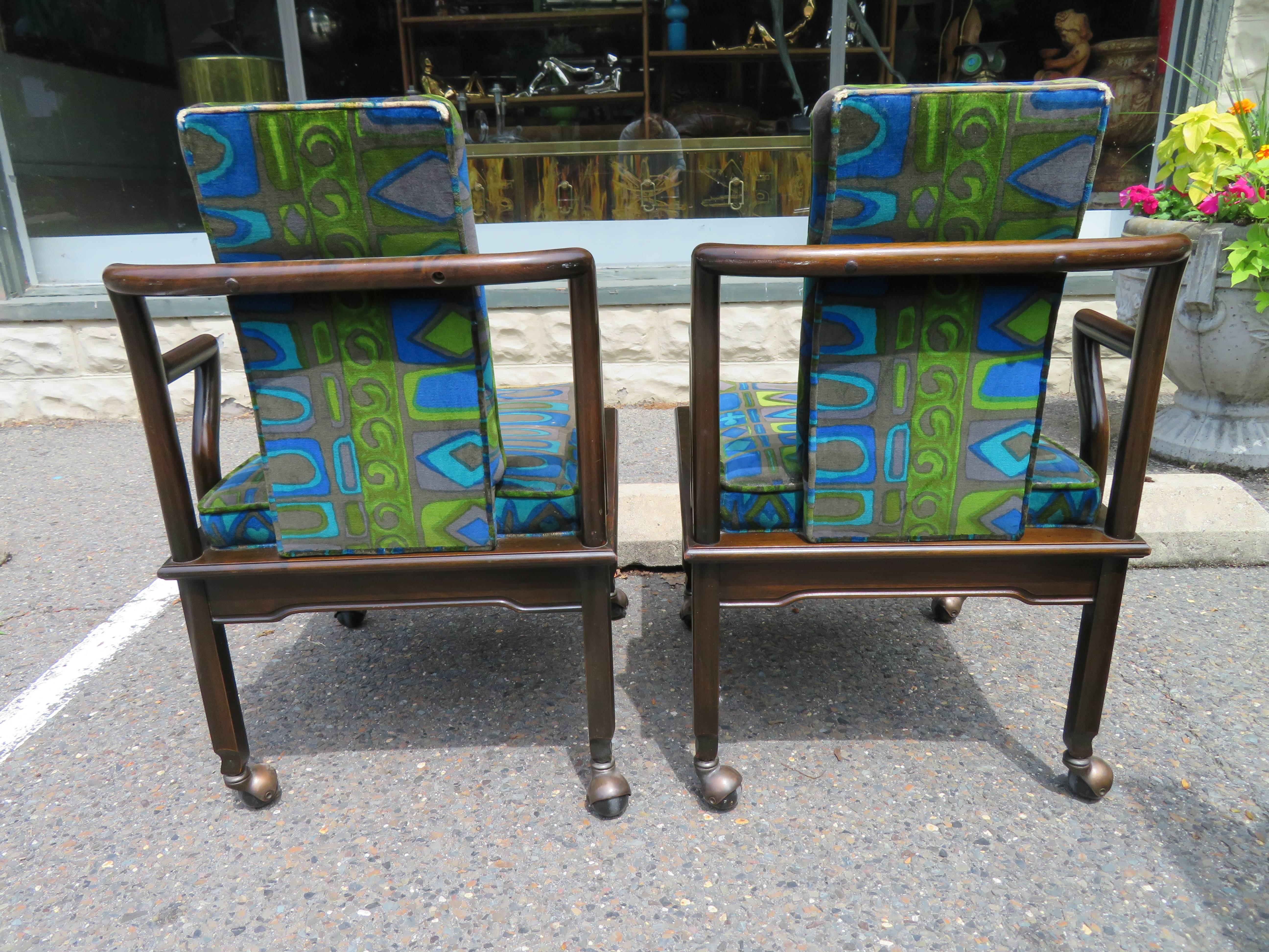 Fabulous Asian Modern Widdicomb Dining Chairs Jack Lenor Larsen Blue Velvet For Sale 1