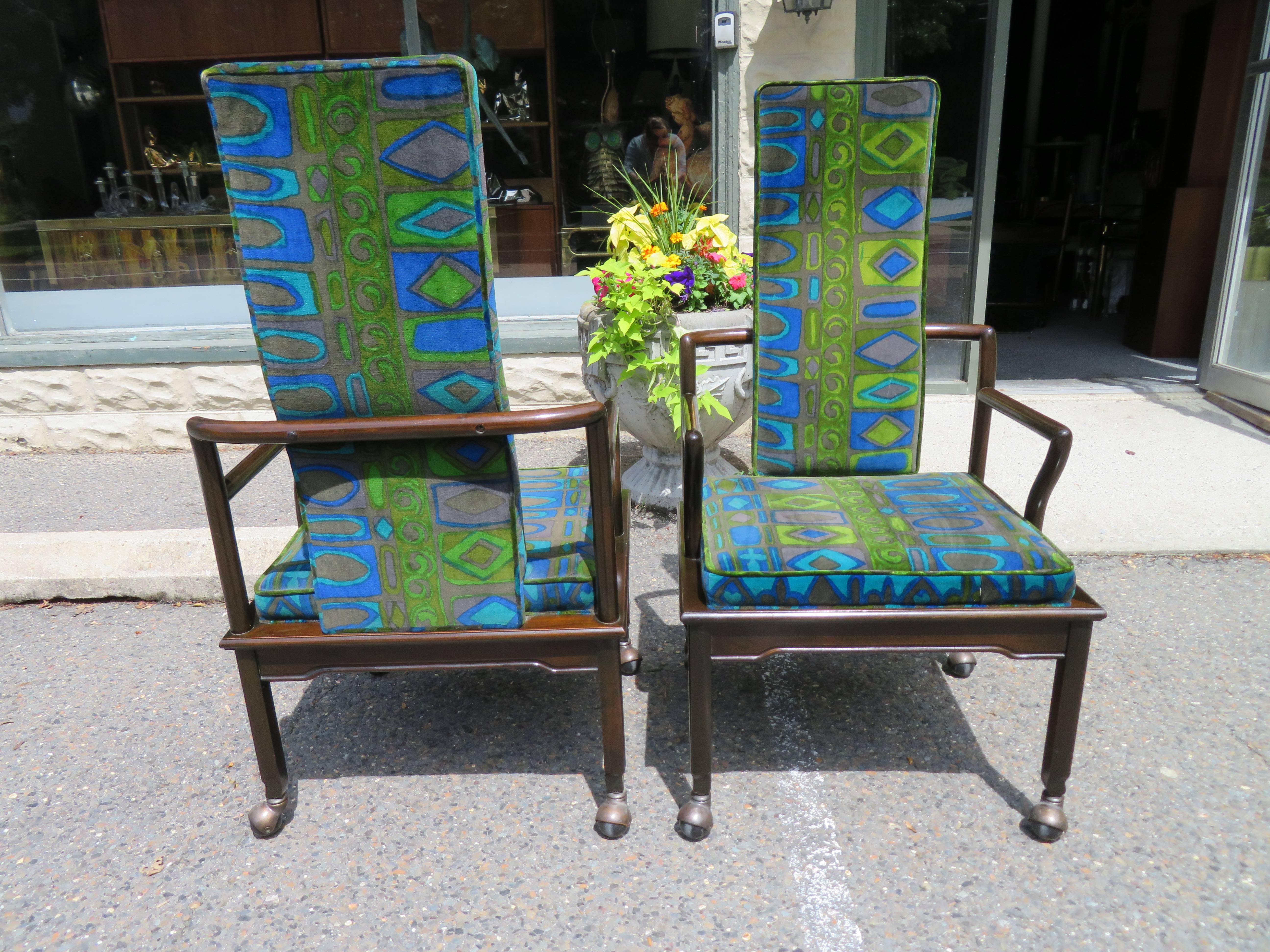 Fabulous Asian Modern Widdicomb Dining Chairs Jack Lenor Larsen Blue Velvet For Sale 5