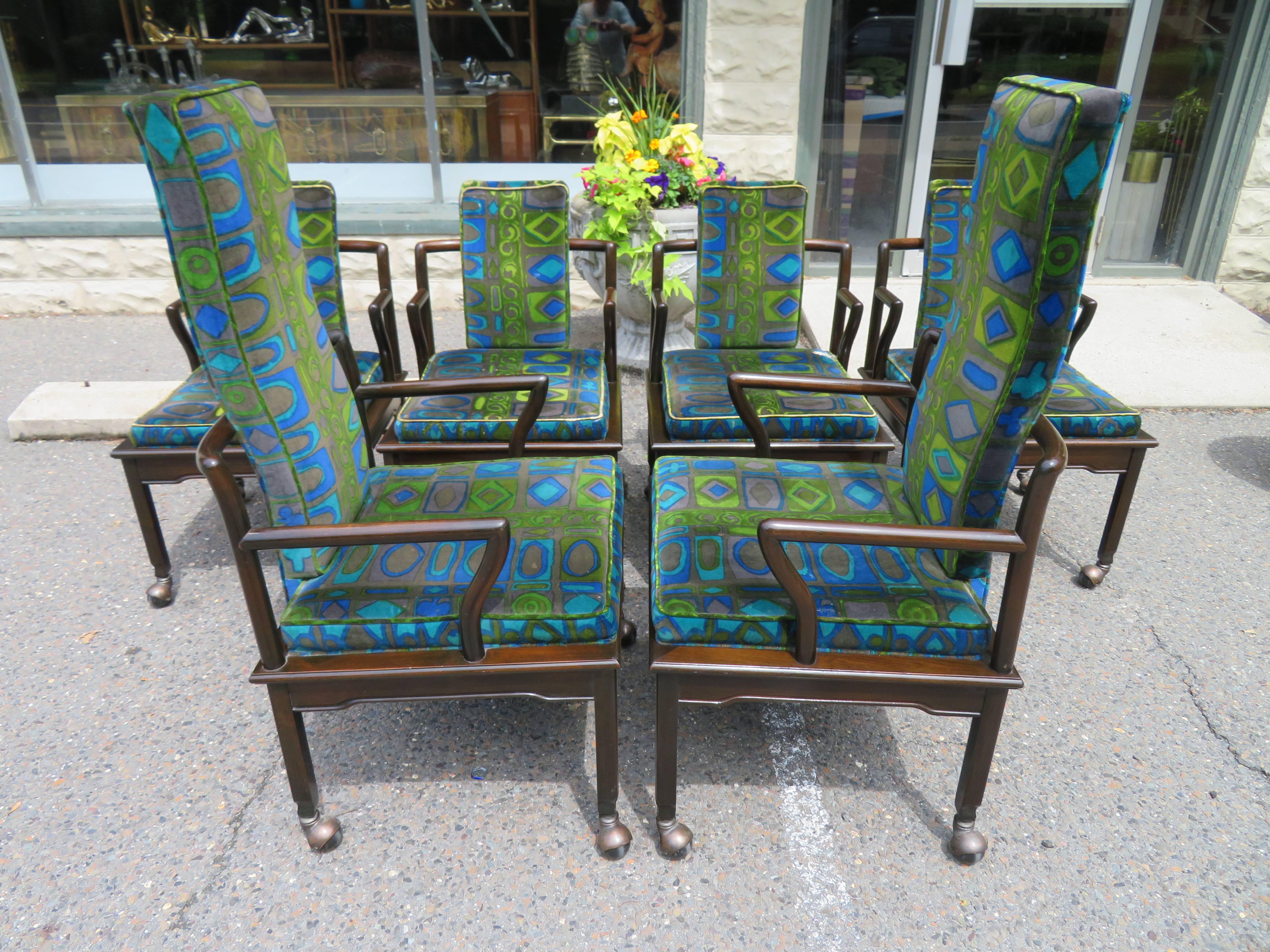 Fabulous Asian Modern Widdicomb Dining Chairs Jack Lenor Larsen Blue Velvet For Sale 10