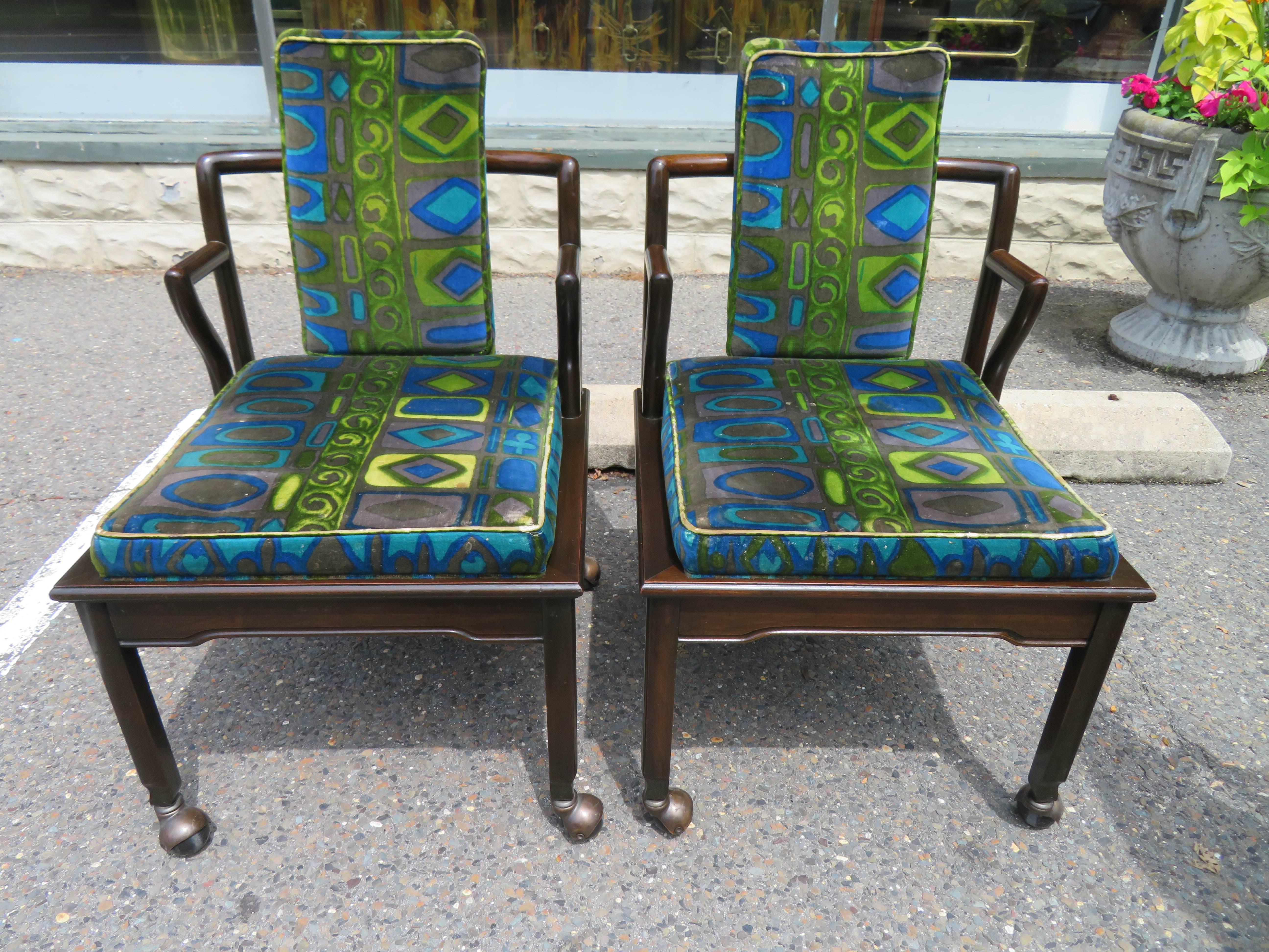 Fabulous Asian modern set of six dining chairs by Widdicomb, two armchairs and four side chairs. We love the original Jack Lenor Larsen fabric but it does show wear-one has a small patch with same fabric-hard to notice. You may want to have the