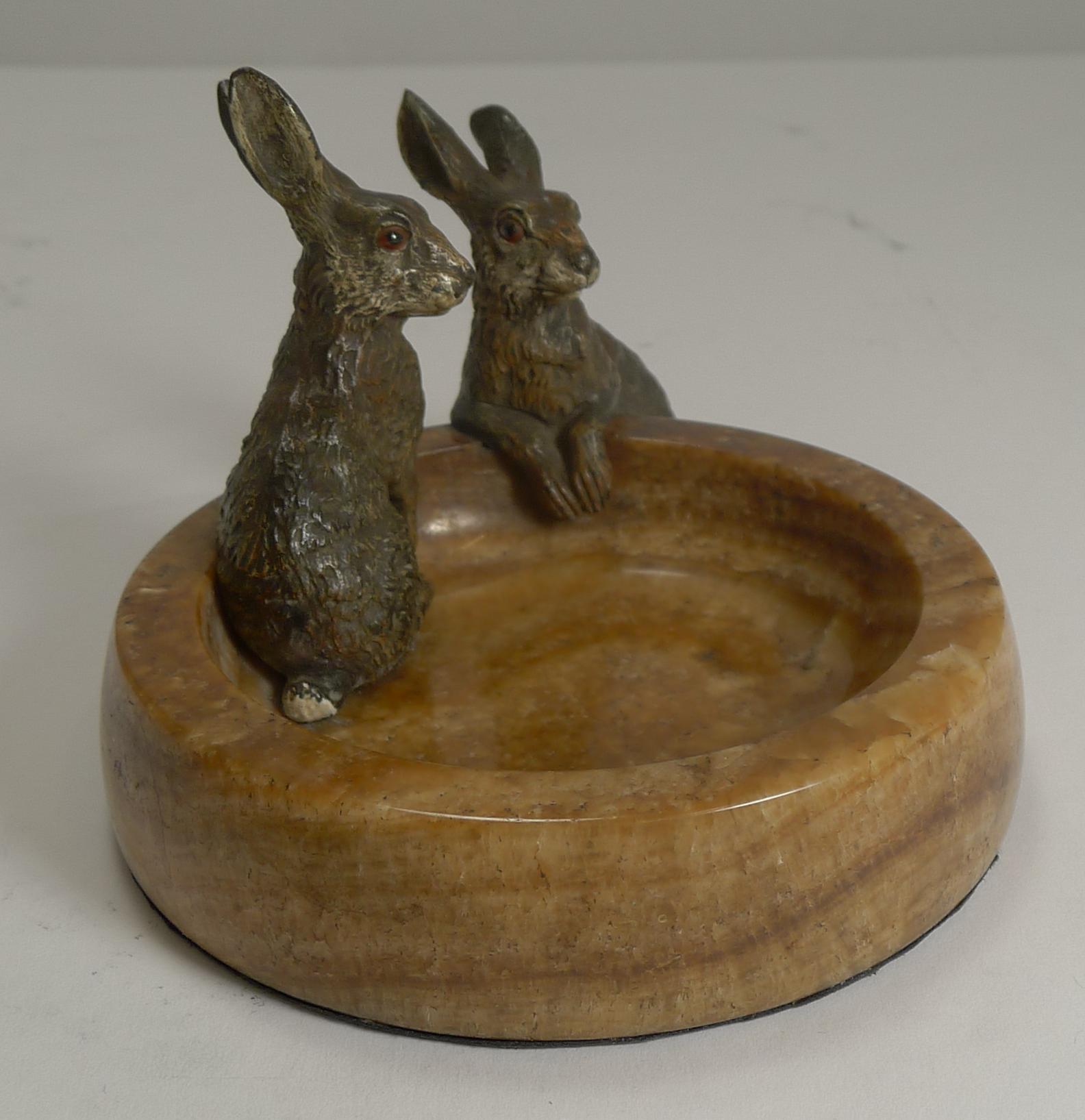 Edwardian Fabulous Austrian Cold Painted Bronze Rabbits or Hares on Onyx Dish, circa 1900