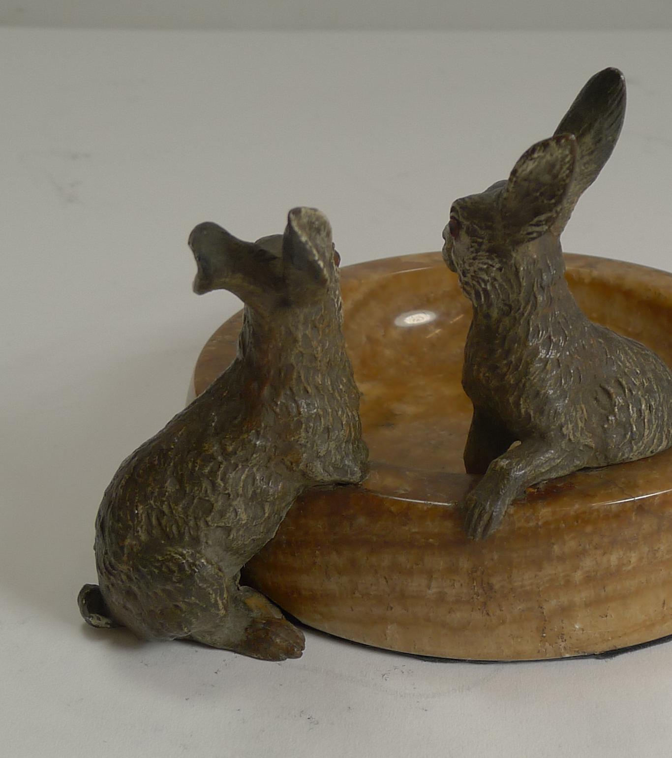 Cold-Painted Fabulous Austrian Cold Painted Bronze Rabbits or Hares on Onyx Dish, circa 1900