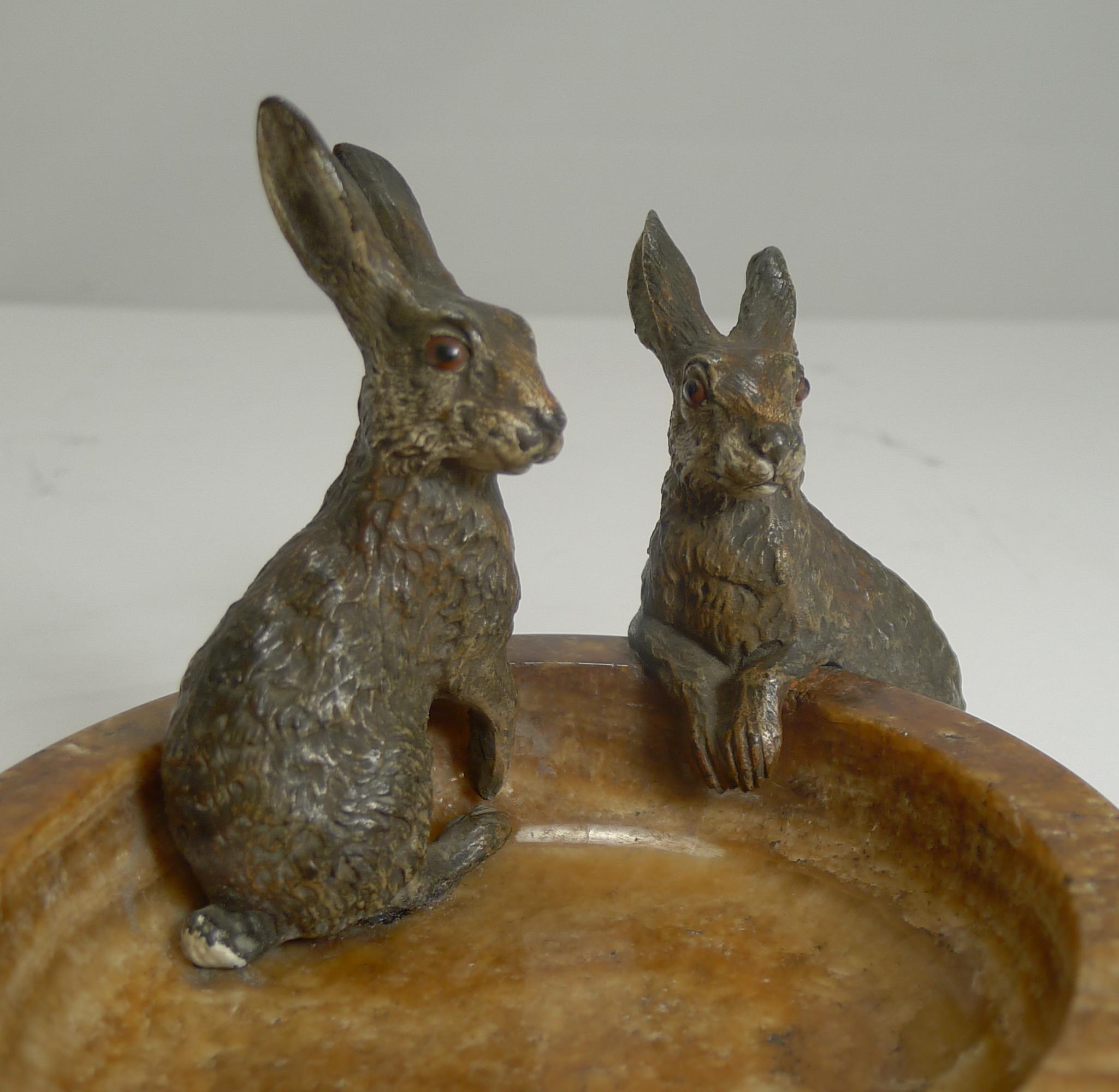 Early 20th Century Fabulous Austrian Cold Painted Bronze Rabbits or Hares on Onyx Dish, circa 1900