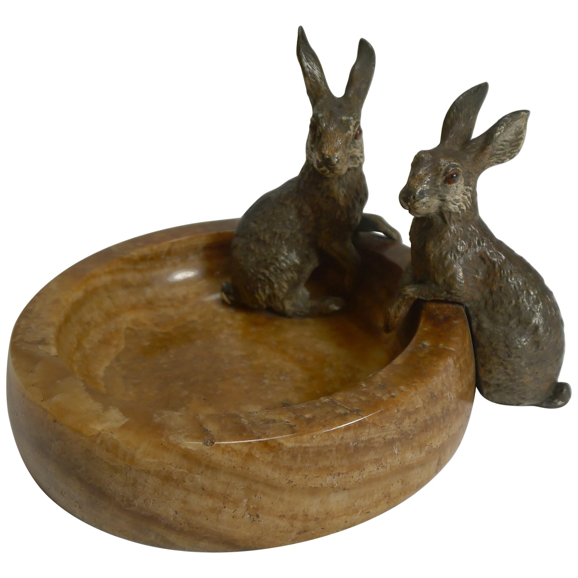 Fabulous Austrian Cold Painted Bronze Rabbits or Hares on Onyx Dish, circa 1900