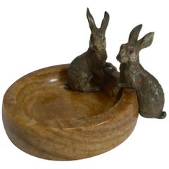Antique Fabulous Austrian Cold Painted Bronze Rabbits or Hares on Onyx Dish, circa 1900