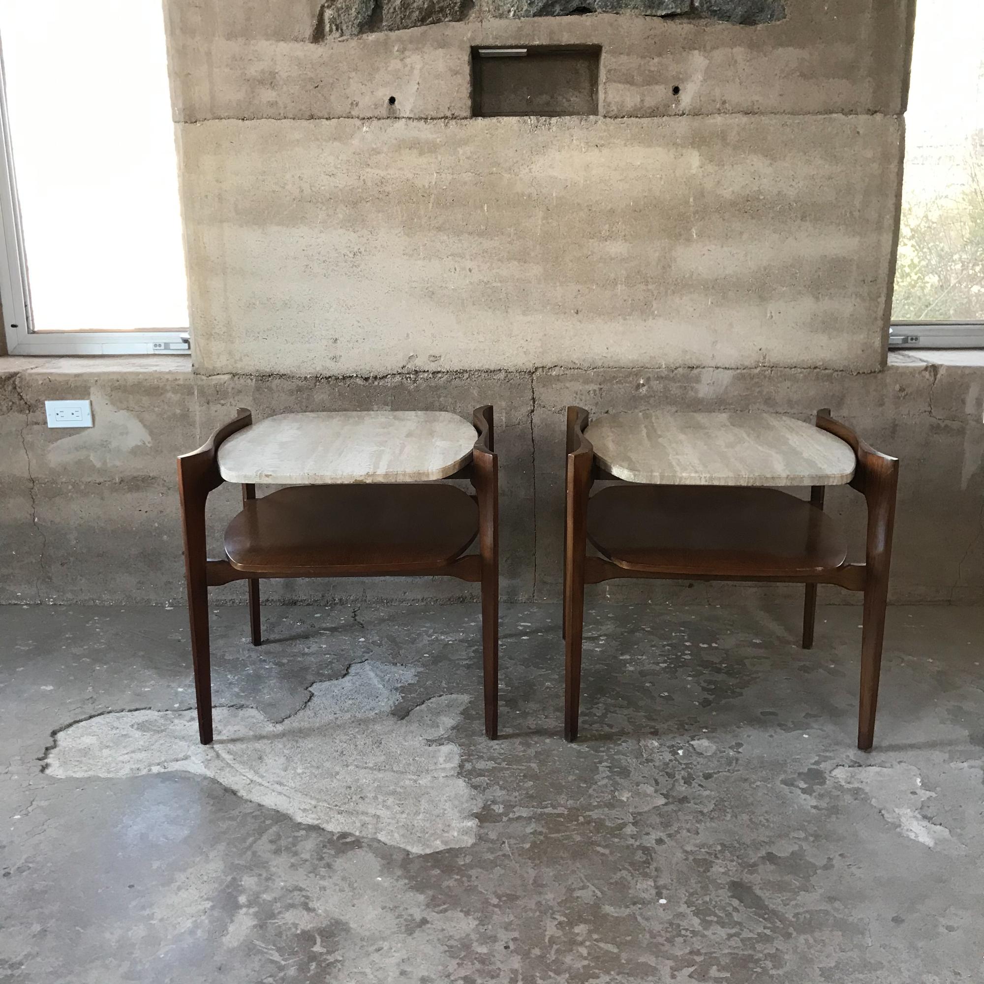 Fabulous Bertha Schaefer pair of side / end tables done in luscious sculpted walnut wood and elegant floating travertine.
Label reads W. Z. (Walker Zanger manufacturer of Travertine )
Made in Italy 1950s by Singer & Sons and designed by famed