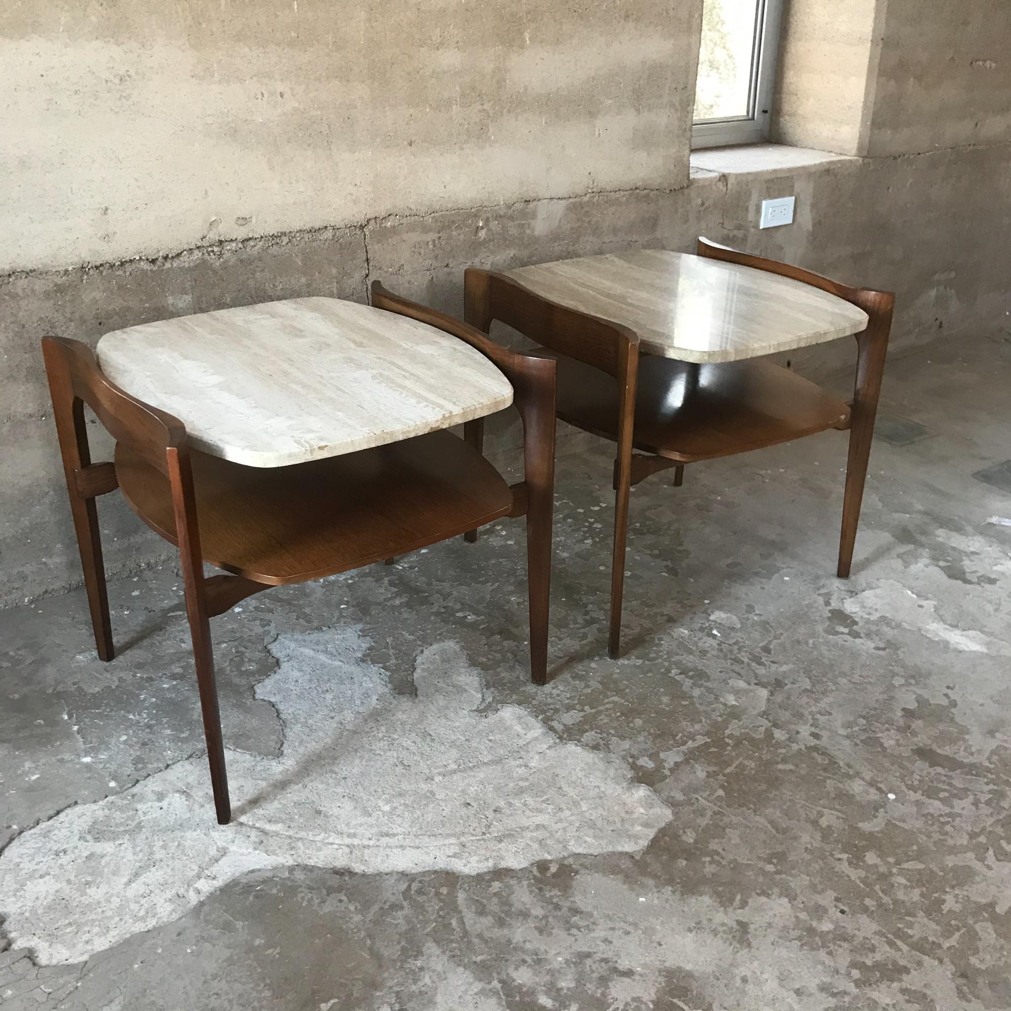Mid-Century Modern Fabulous Bertha Schaefer Side End Tables Walnut & Floating Travertine Italy 1950