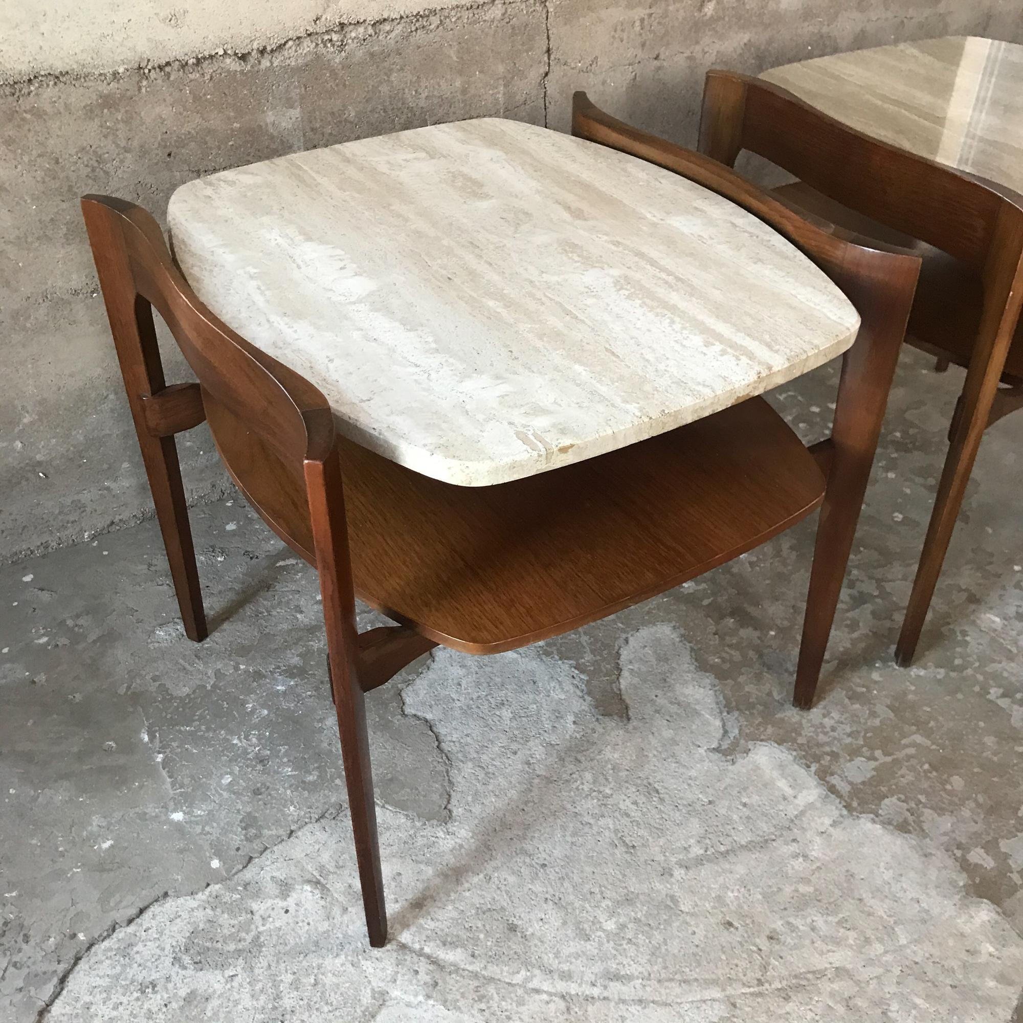 Italian Fabulous Bertha Schaefer Side End Tables Walnut & Floating Travertine Italy 1950