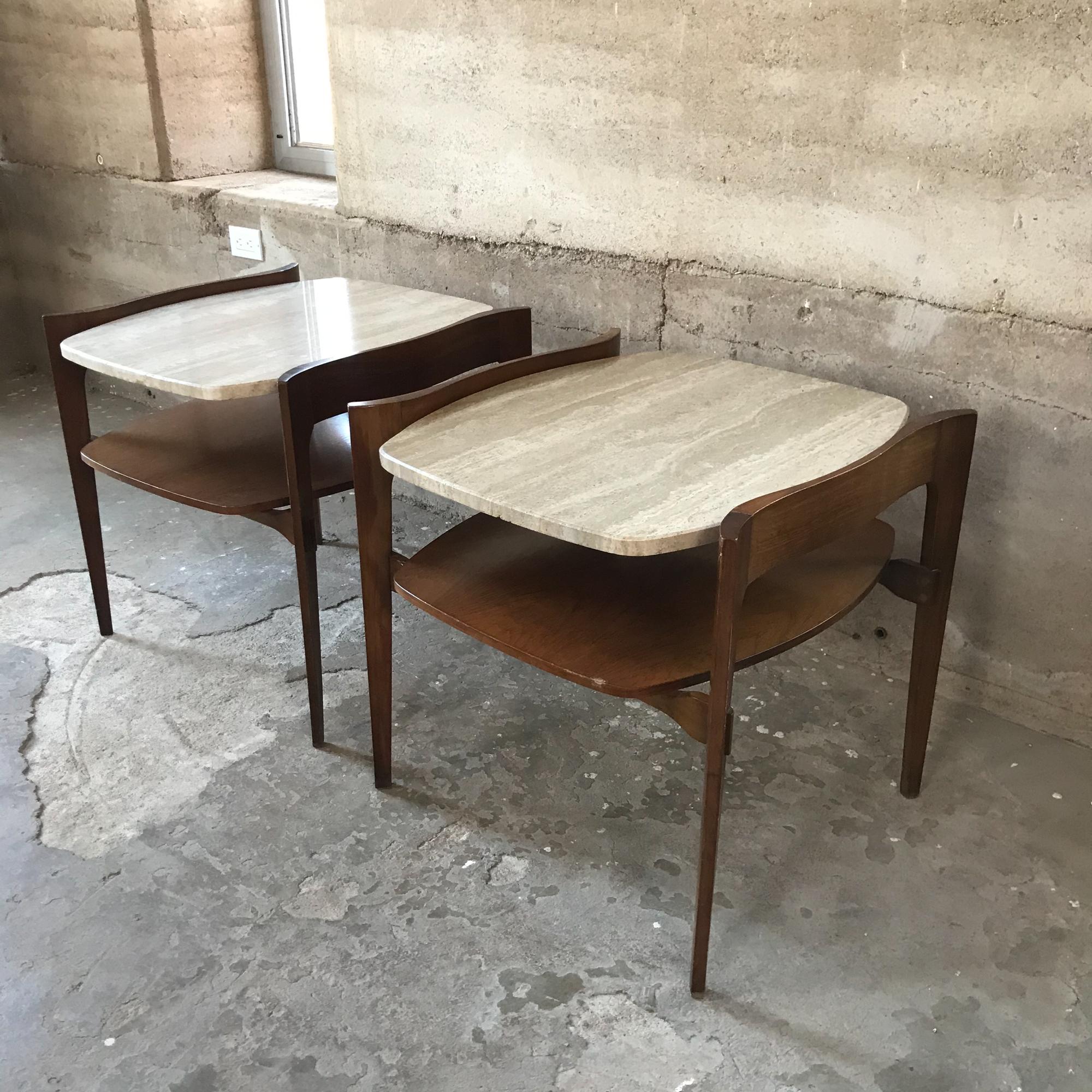 Fabulous Bertha Schaefer Side End Tables Walnut & Floating Travertine Italy 1950 In Good Condition In Chula Vista, CA