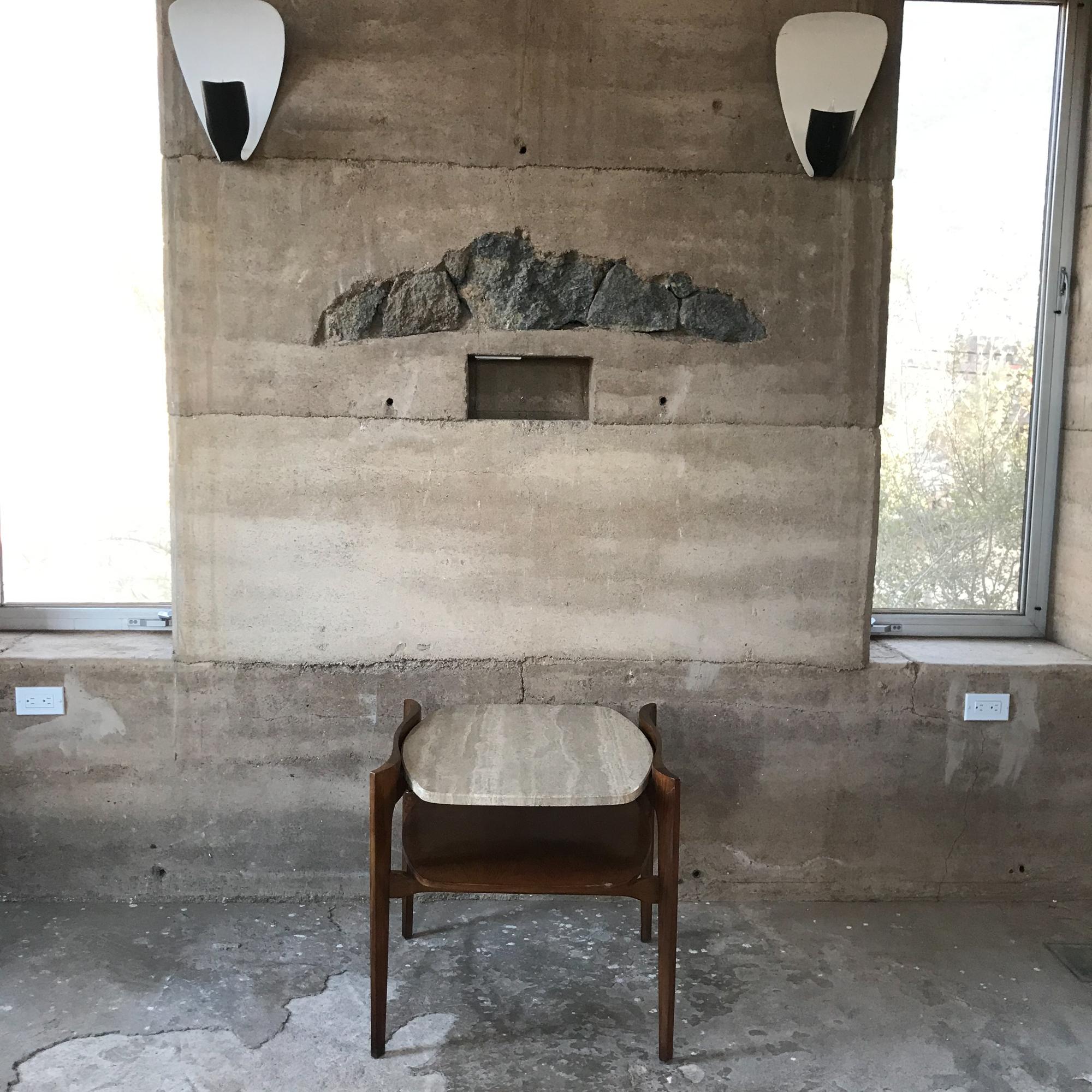 Fabulous Bertha Schaefer Side End Tables Walnut & Floating Travertine Italy 1950 1