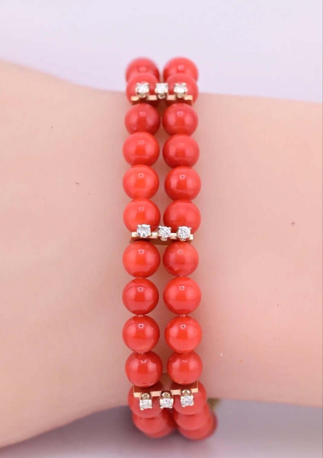 This stunning bracelet features exquisite blood red coral beads accented by natural diamonds. Crafted with 14k yellow gold, this beaded bracelet is a classic addition to any jewelry collection. The vibrant red color of the coral pairs perfectly with