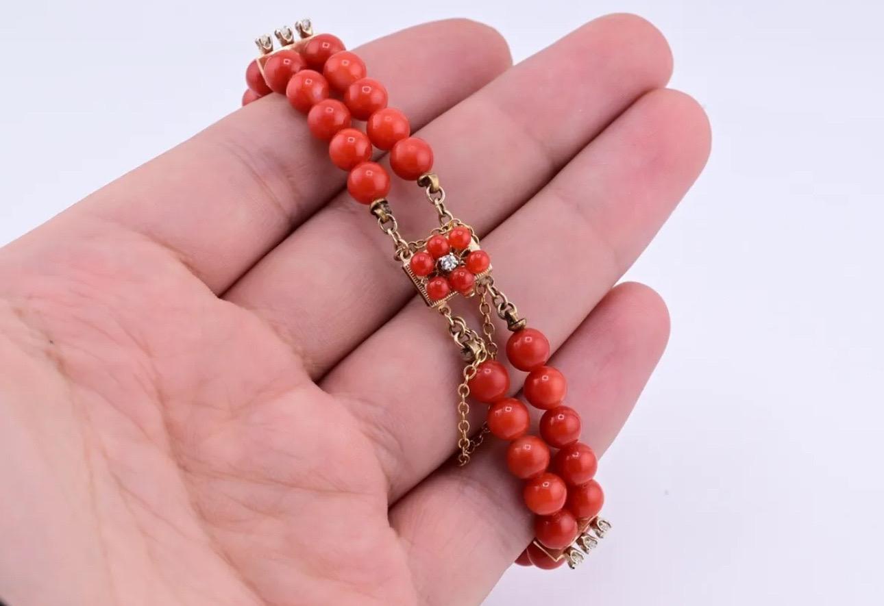 Round Cut Fabulous Blood Red Coral Bracelet With Natural Diamonds  For Sale