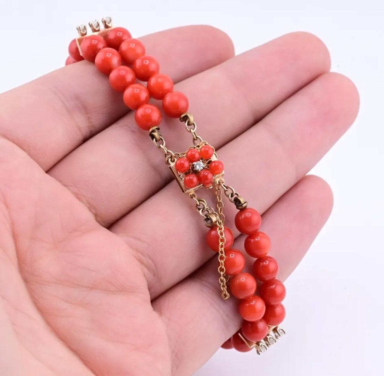 Fabulous Blood Red Coral Bracelet With Natural Diamonds  In Good Condition For Sale In Media, PA