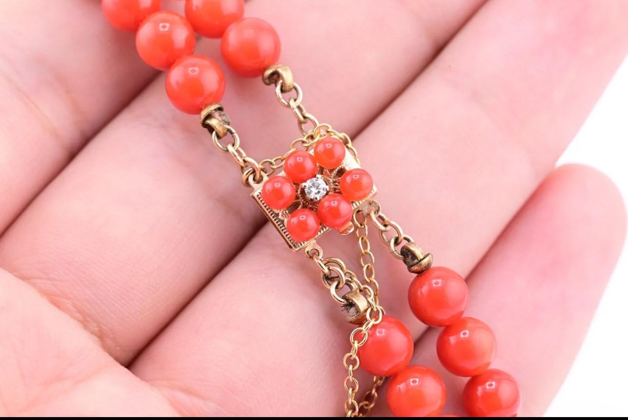 Women's or Men's Fabulous Blood Red Coral Bracelet With Natural Diamonds  For Sale