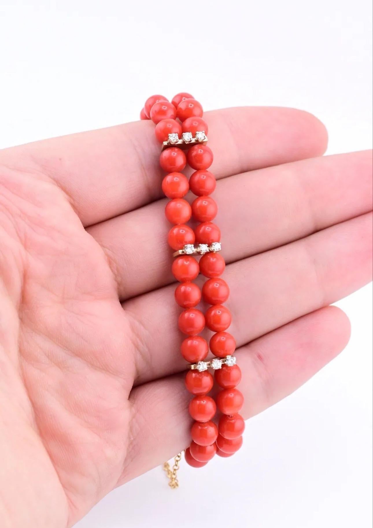 Fabulous Blood Red Coral Bracelet With Natural Diamonds  For Sale 1