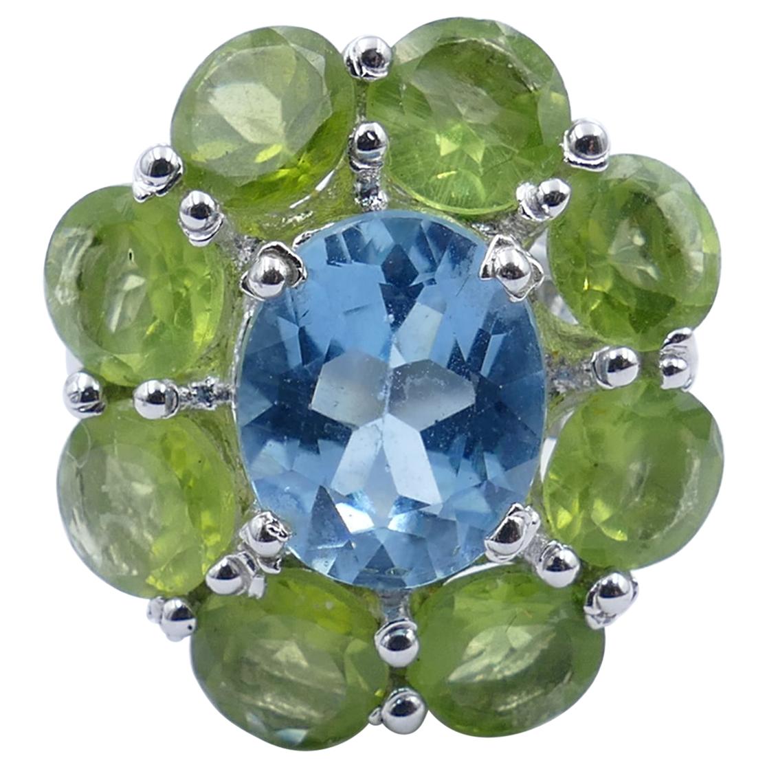 Fabulous Blue Topaz and Peridot Large Cocktail Ring Set in Sterling