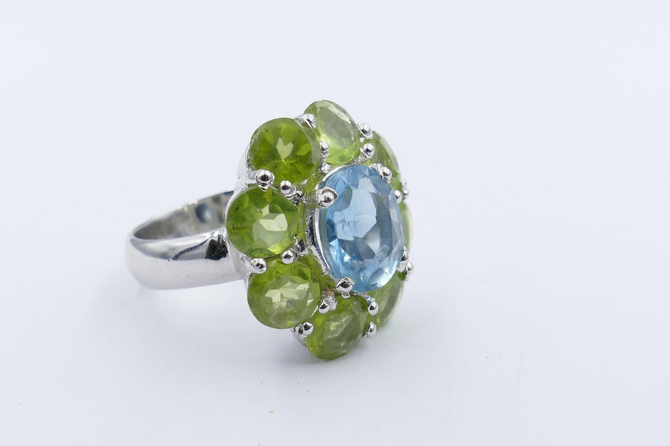 Mixed Cut Fabulous Blue Topaz and Peridot Large Cocktail Ring Set in Sterling