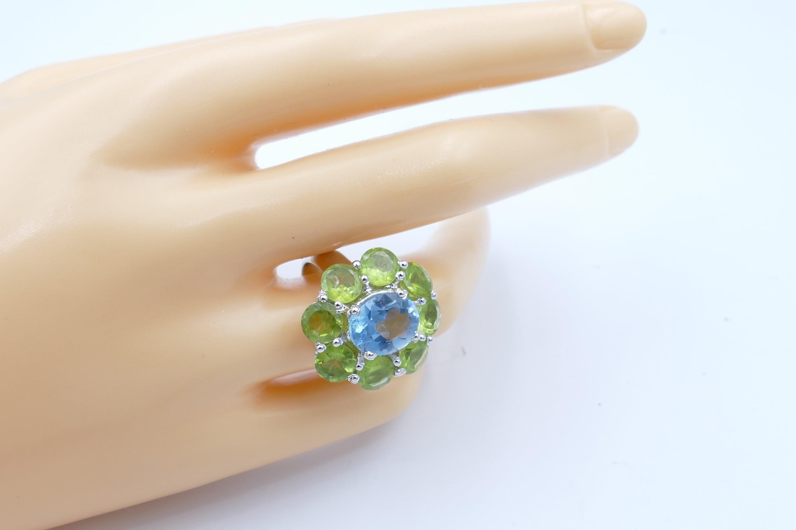 Fabulous Blue Topaz and Peridot Large Cocktail Ring Set in Sterling In New Condition In Splitter's Creek, NSW