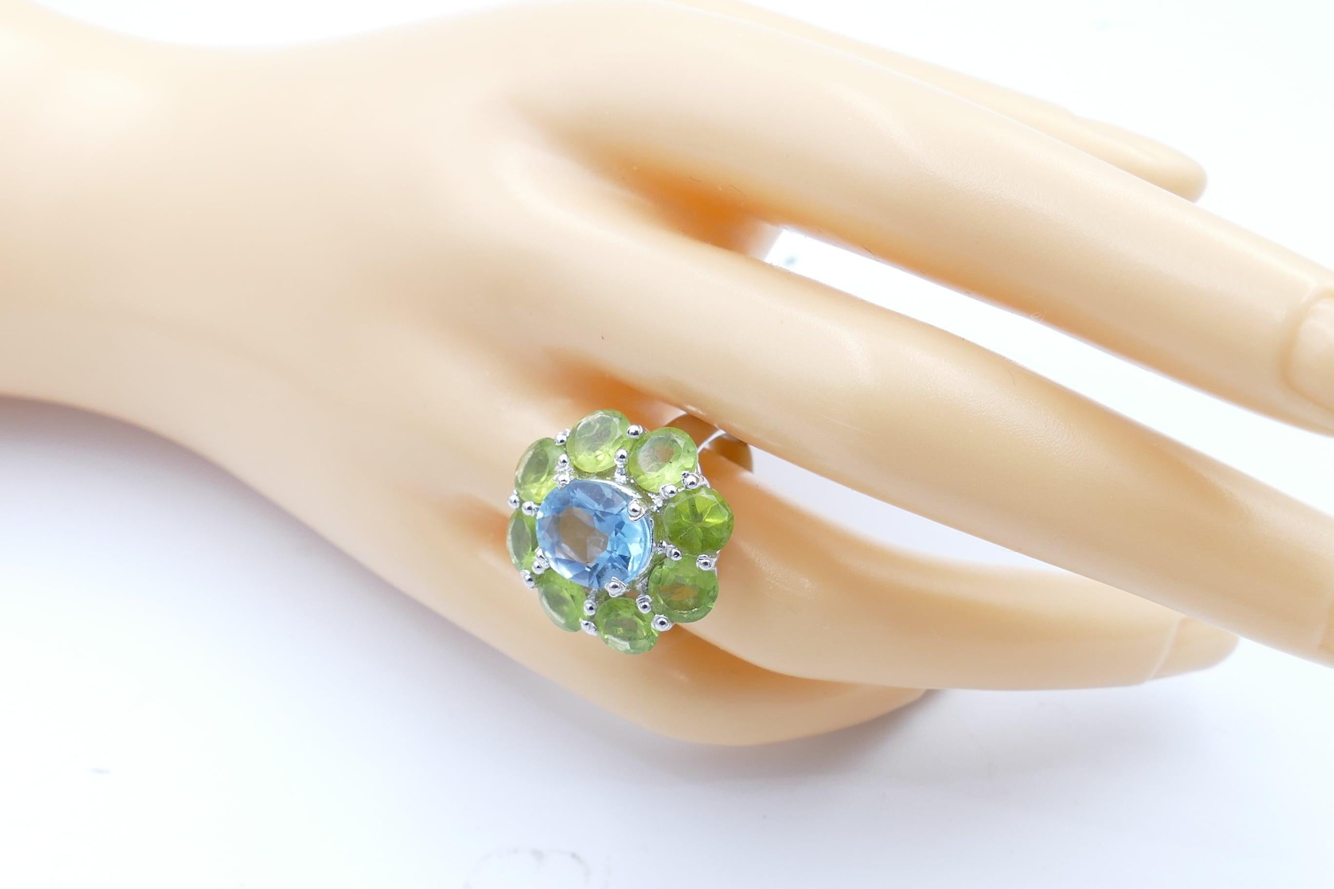 Women's Fabulous Blue Topaz and Peridot Large Cocktail Ring Set in Sterling