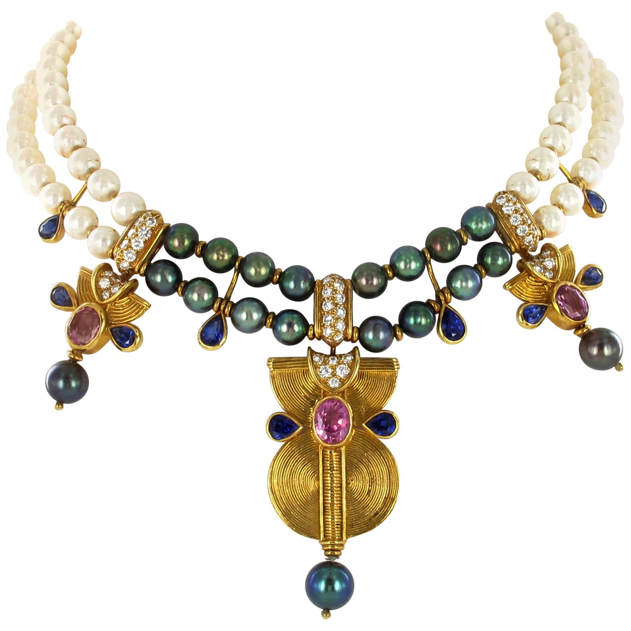 Fabulous Boucheron Cultured Pearl, Sapphire, and Diamond Necklace in Yellow Gold