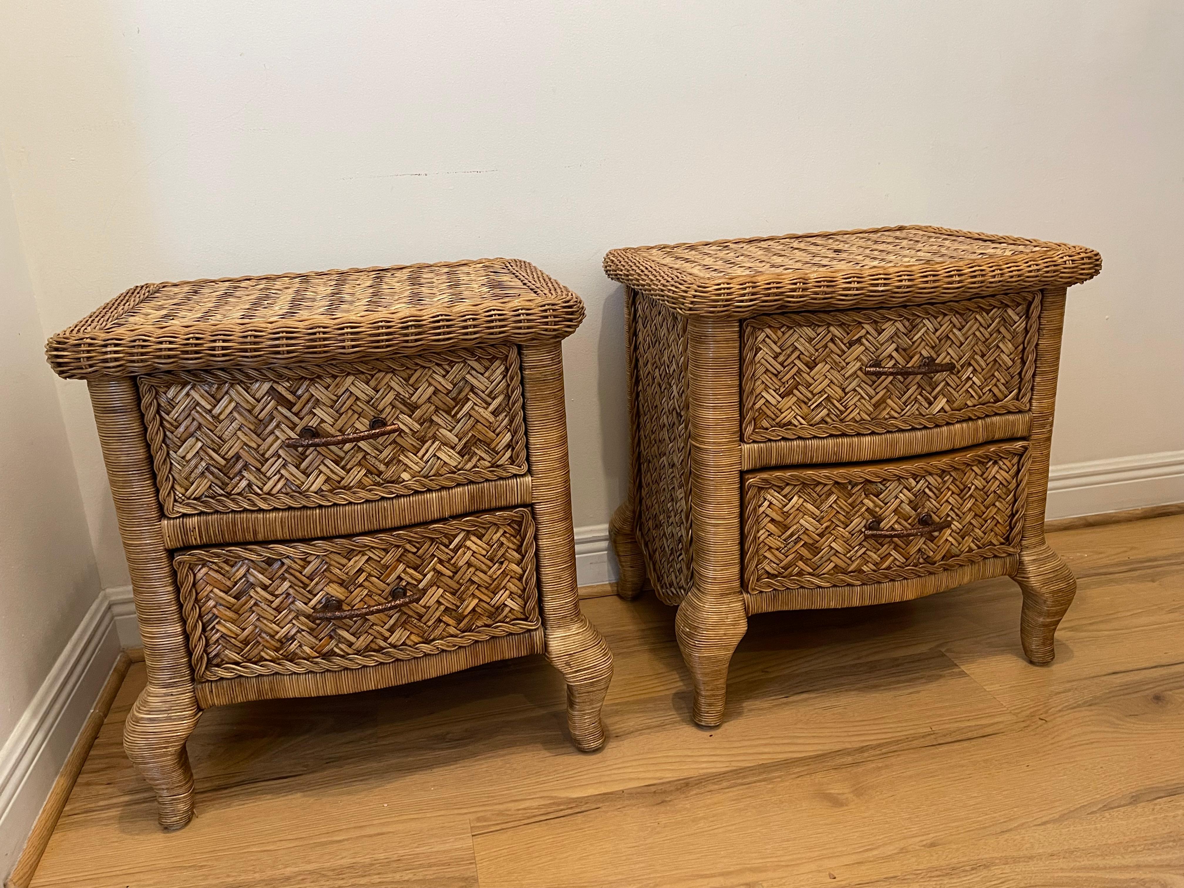 American Fabulous Braided Wicker Pair of Nightstands For Sale