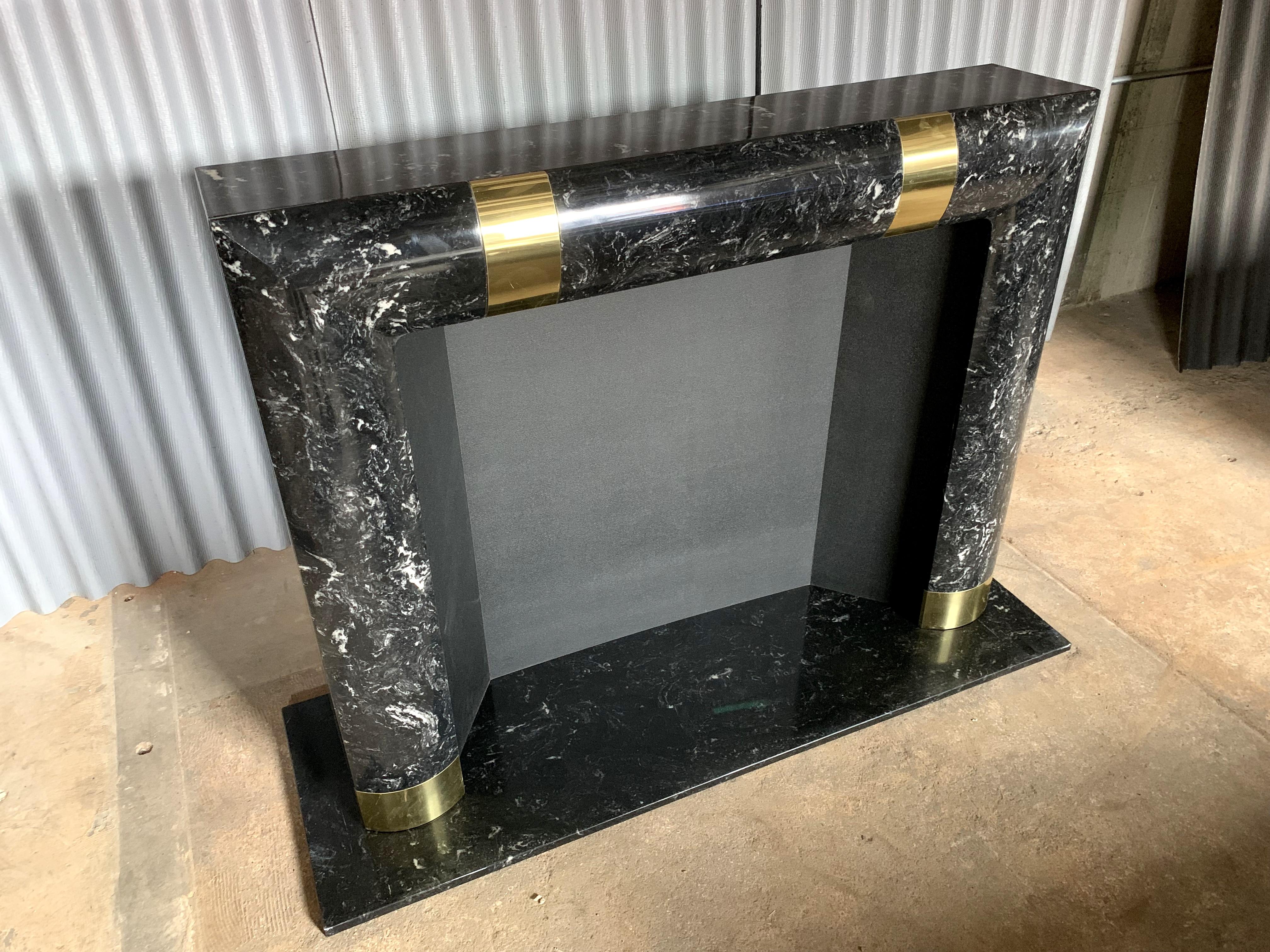 Hollywood Regency Fabulous Brass Marble and Composite Fireplace Surround