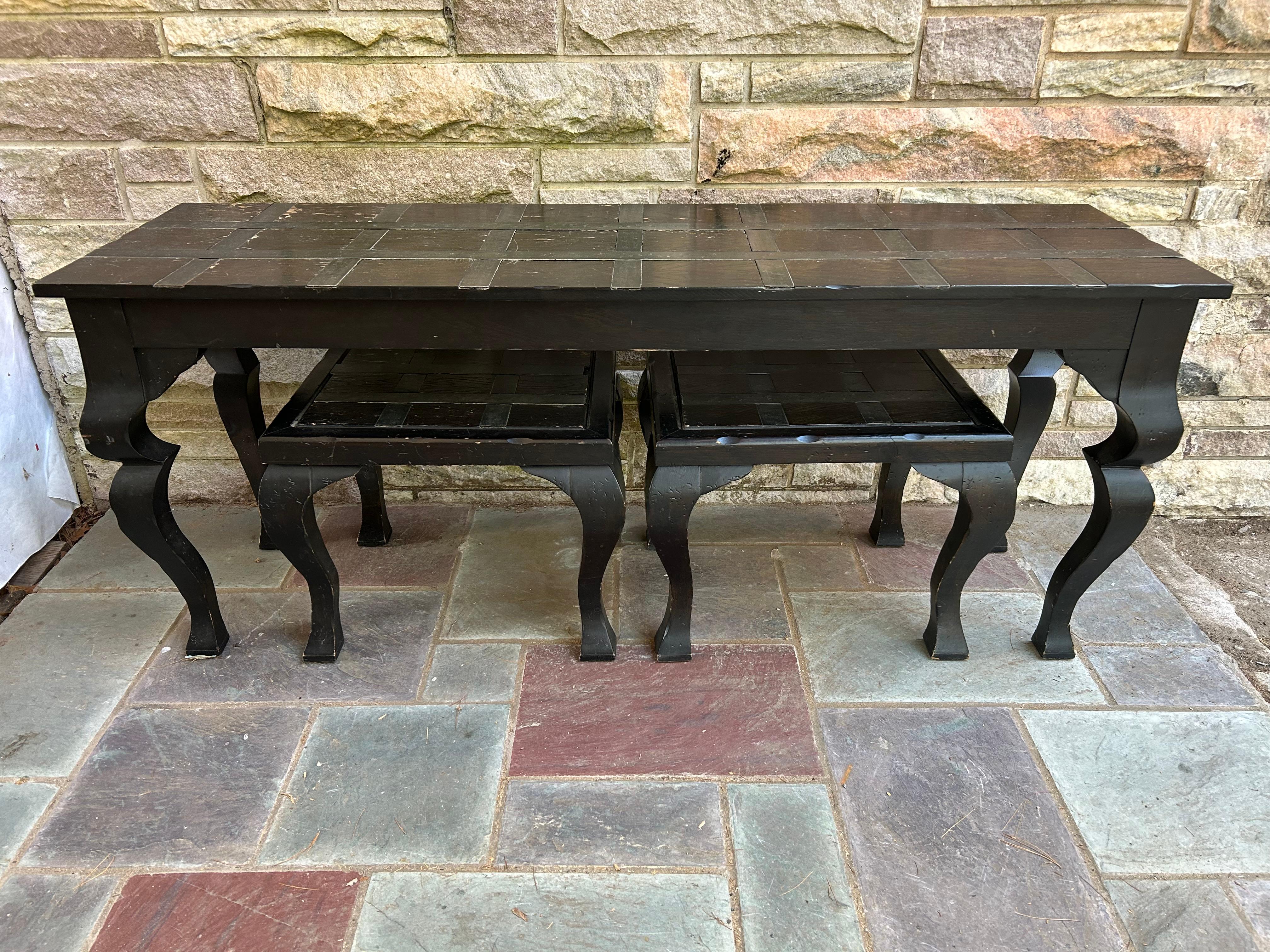 Fabulous Brutalist Modern Iron Strap Inlayed Console Table with Matching Stools For Sale 4