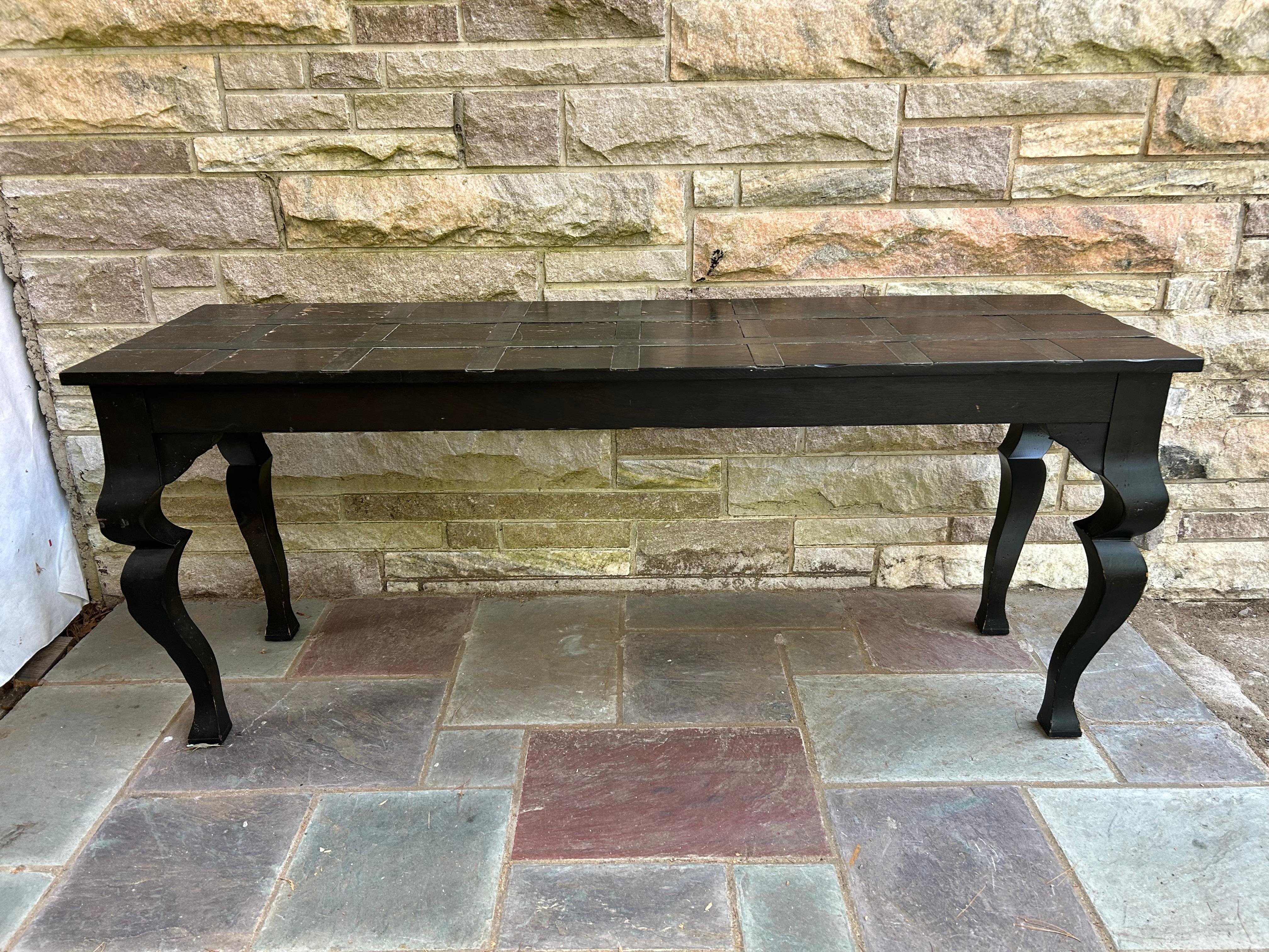 Fabulous Brutalist Modern inlayed iron strap console table with matching bench/tables.  We just the love the intentionally distressed ebonized finish and the inlayed iron straps-very Mid-evil Modern.  And just look at those matching