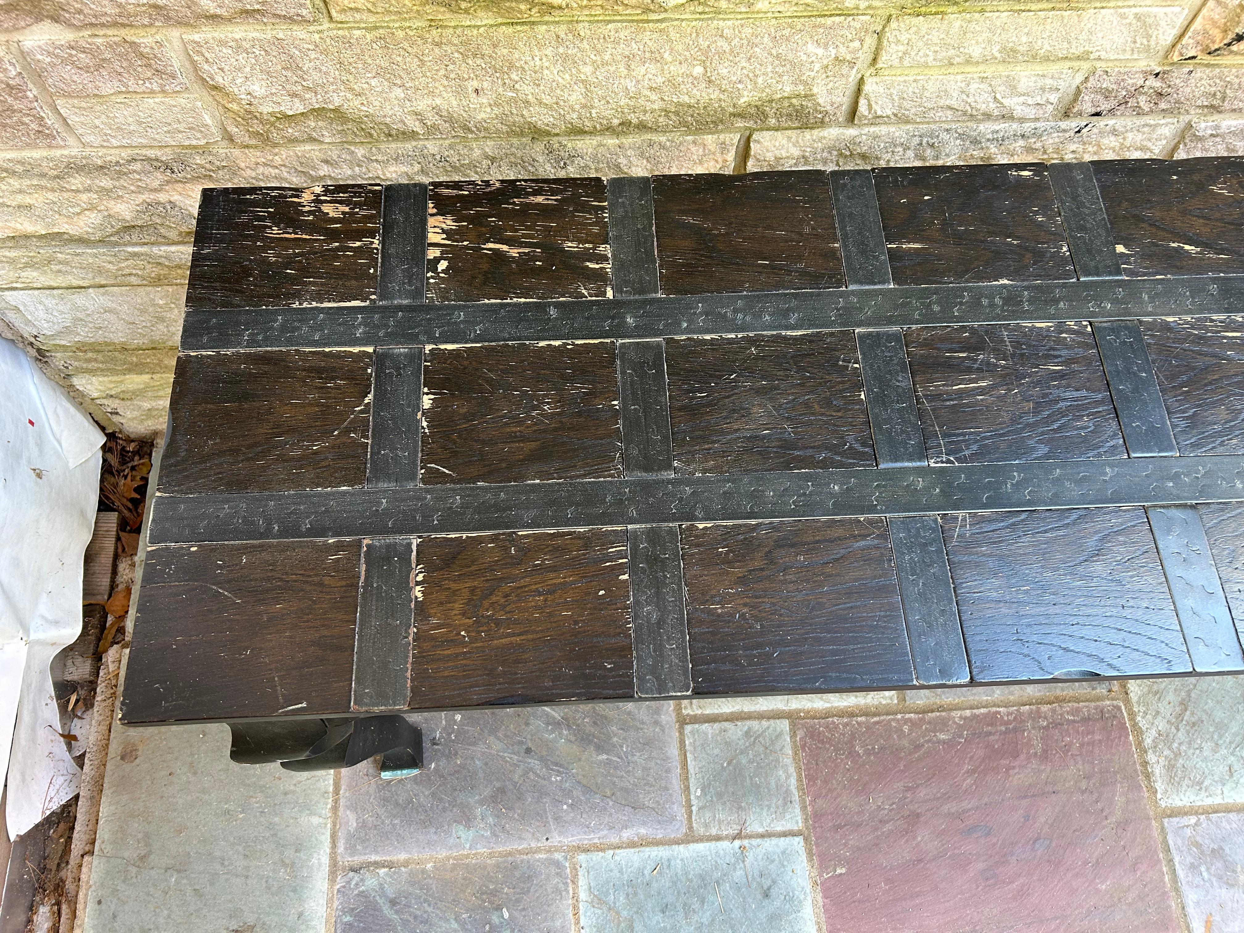 Ebonized Fabulous Brutalist Modern Iron Strap Inlayed Console Table with Matching Stools For Sale
