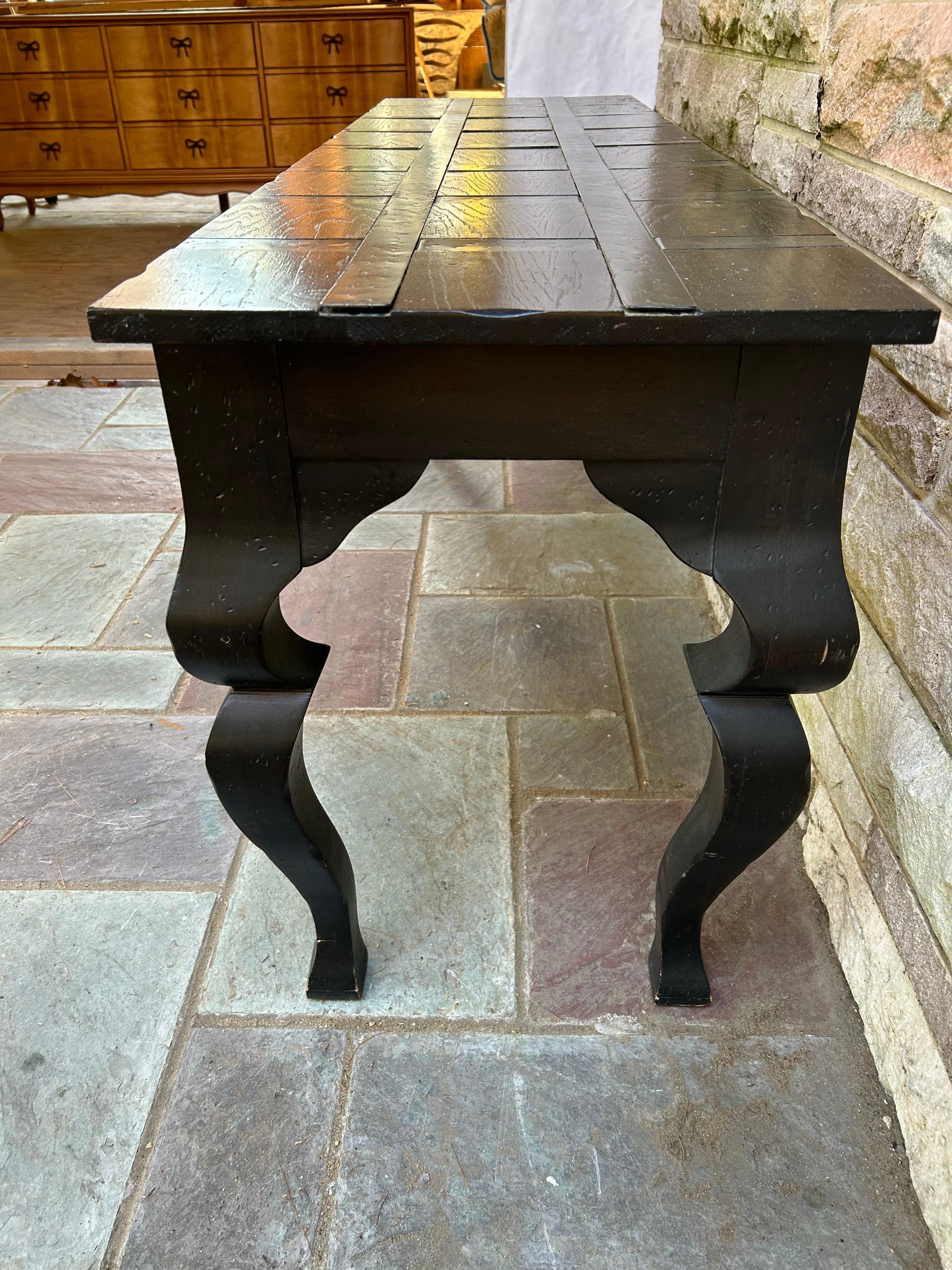 Late 20th Century Fabulous Brutalist Modern Iron Strap Inlayed Console Table with Matching Stools For Sale