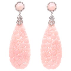 Fabulous Carved Pink Opal and Diamond Earrings