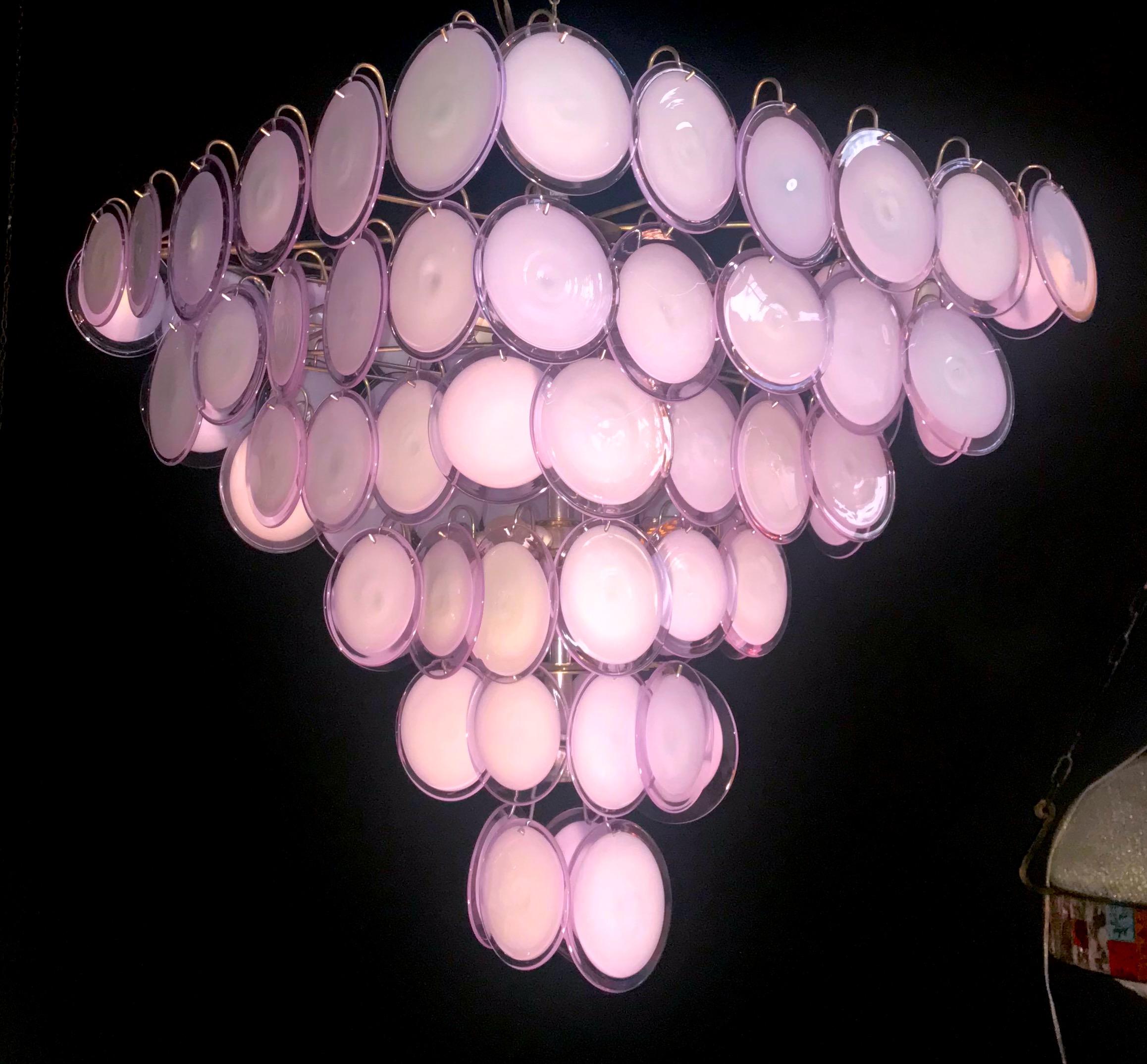 Mid-Century Modern Fabulous Chandelier Amethyst or Pink Murano Glass Discs by Gino Vistosi, 1970s For Sale