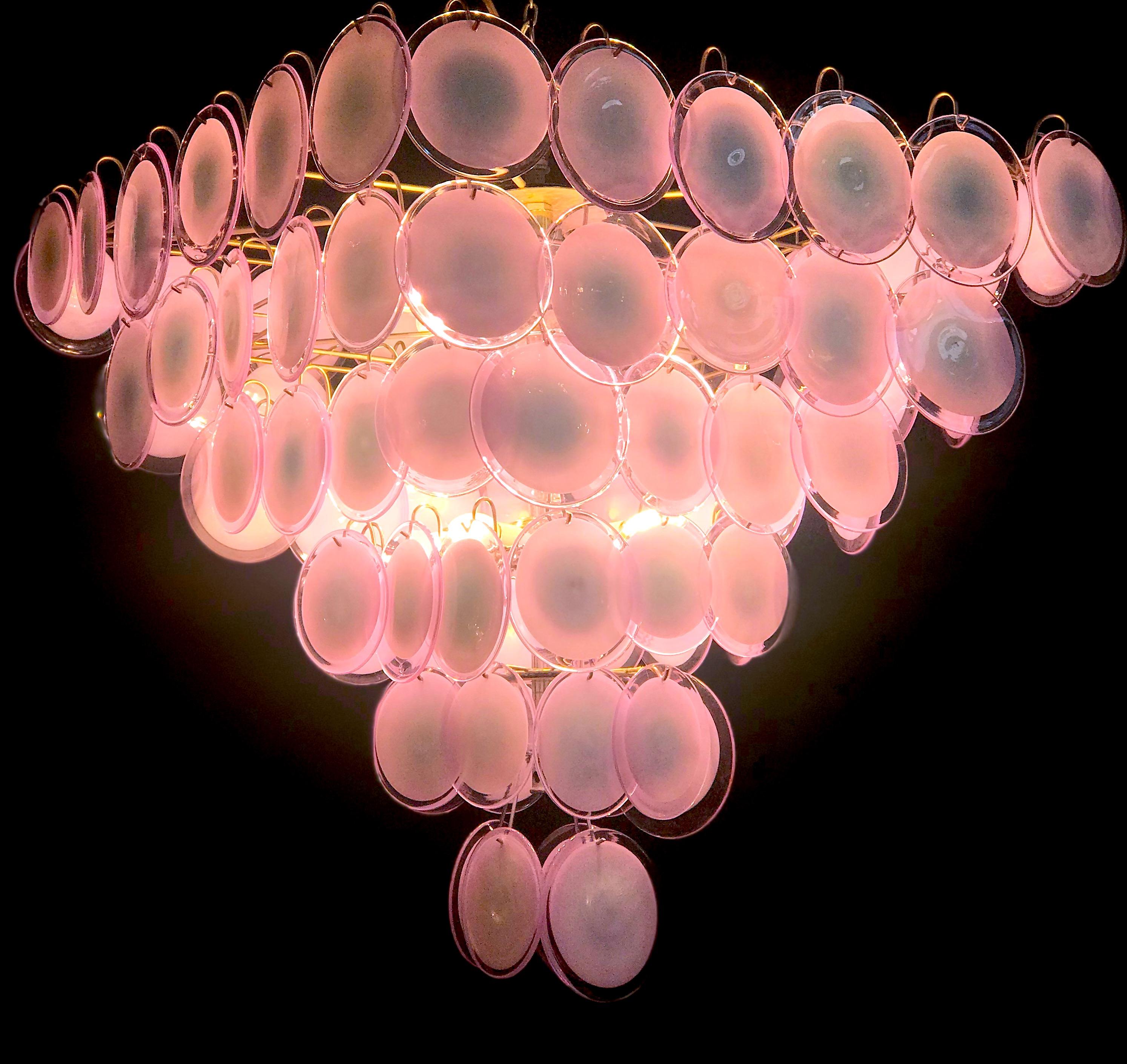Fabulous Chandelier Amethyst or Pink Murano Glass Discs by Gino Vistosi, 1970s In Excellent Condition In Rome, IT