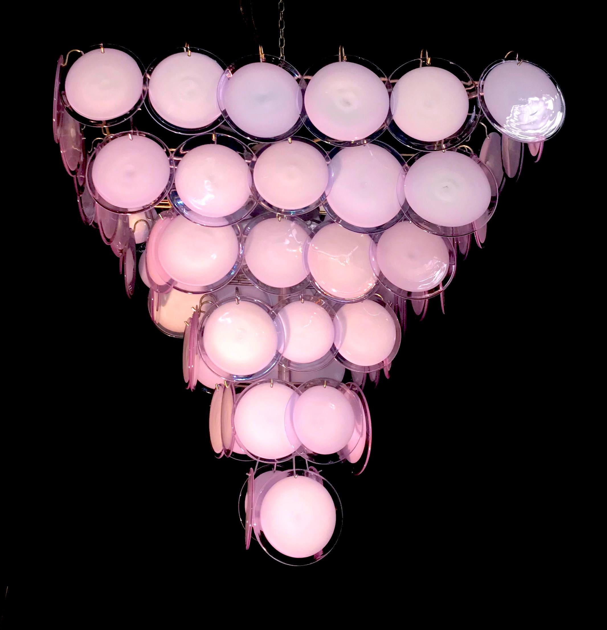 Blown Glass Fabulous Chandelier Amethyst or Pink Murano Glass Discs by Gino Vistosi, 1970s For Sale