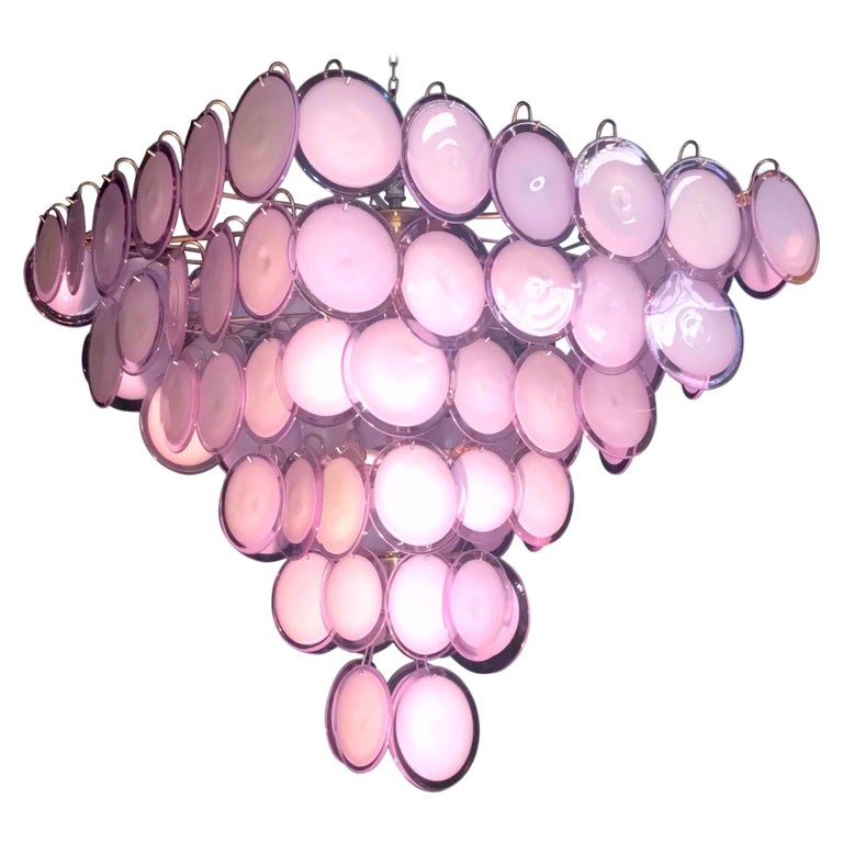 Fabulous Chandelier Amethyst or Pink Murano Glass Discs by Gino Vistosi, 1970s For Sale