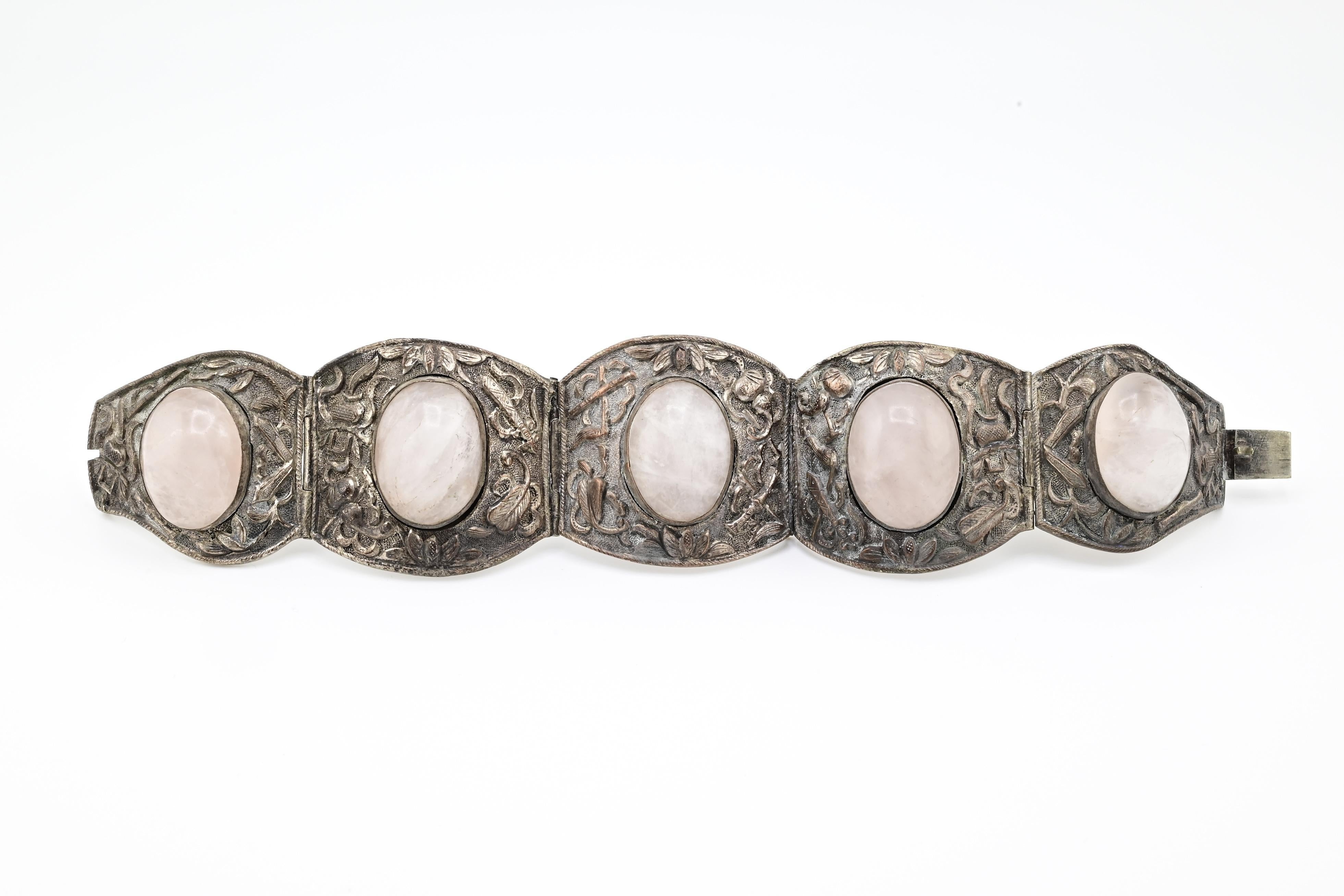 Cabochon Fabulous Chinese Woven Silver Floral Rose Quartz Stone Bracelet For Sale