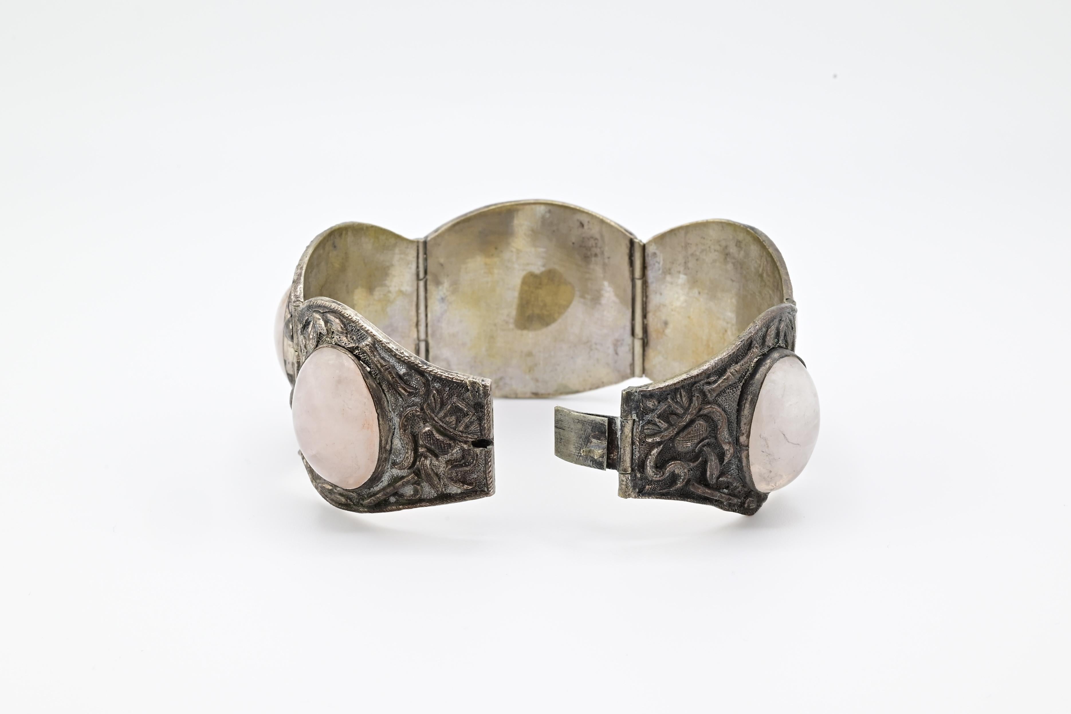 Women's or Men's Fabulous Chinese Woven Silver Floral Rose Quartz Stone Bracelet For Sale