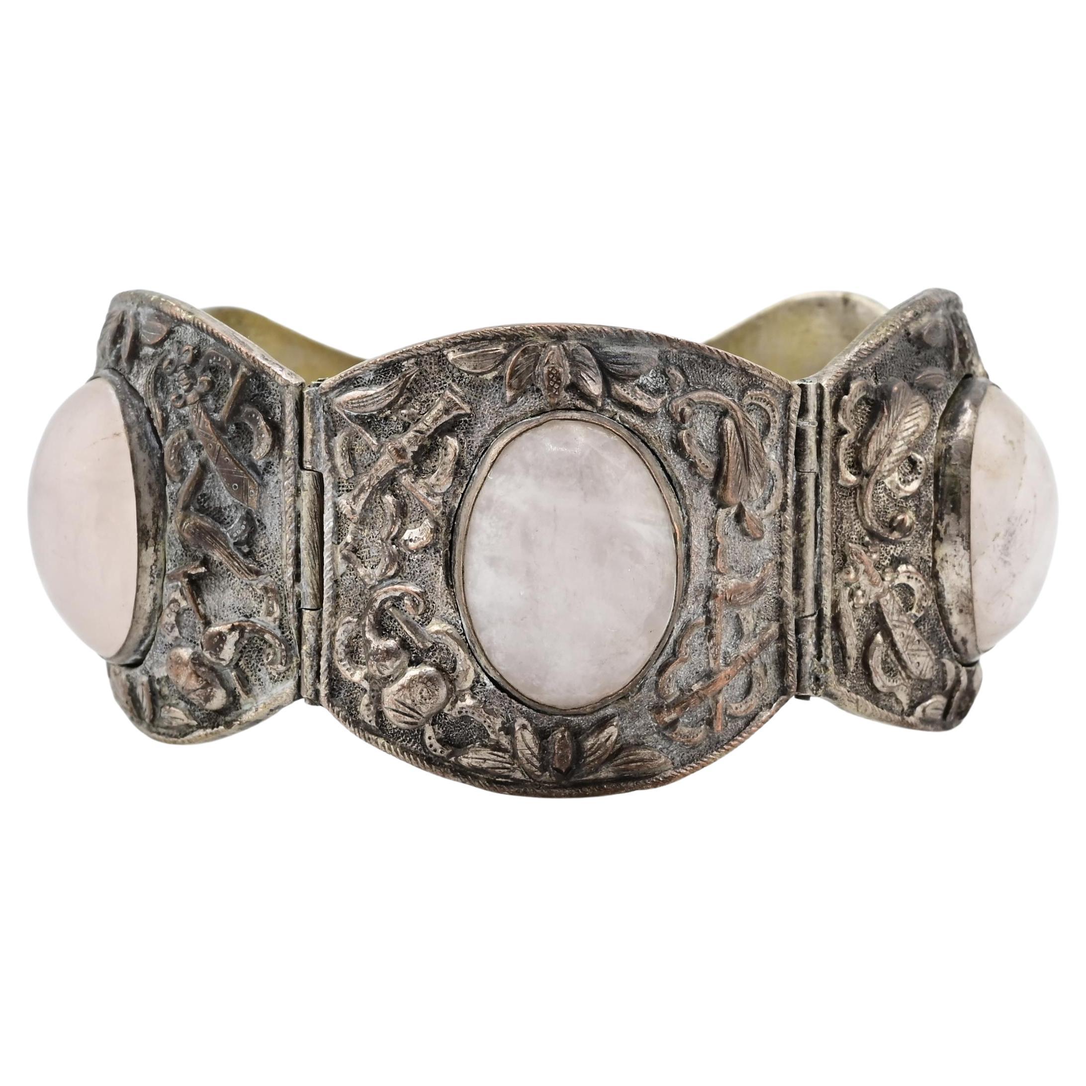 Fabulous Chinese Woven Silver Floral Rose Quartz Stone Bracelet For Sale