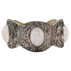 Fabulous Chinese Woven Silver Floral Rose Quartz Stone Bracelet