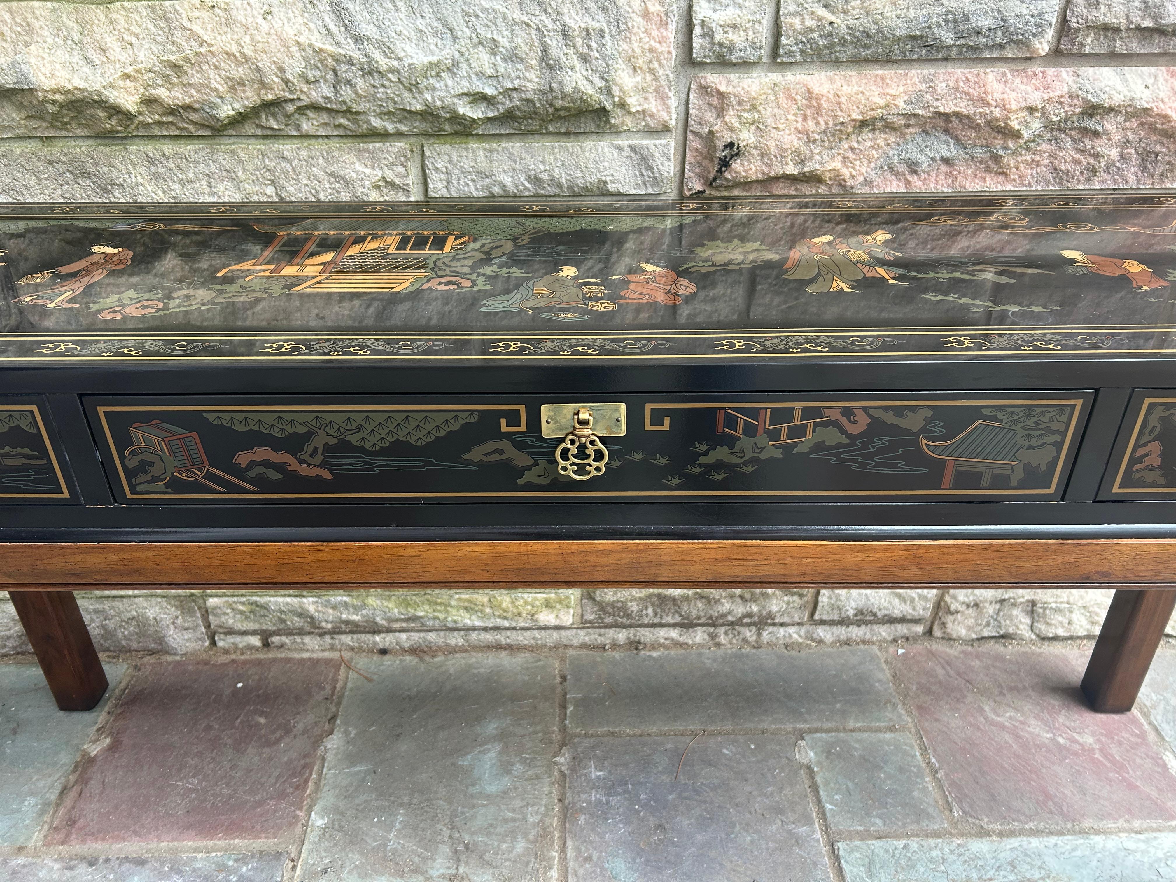 Fabuleuse table console Drexel en laque noire peinte à la main, milieu du siècle dernier en vente 2