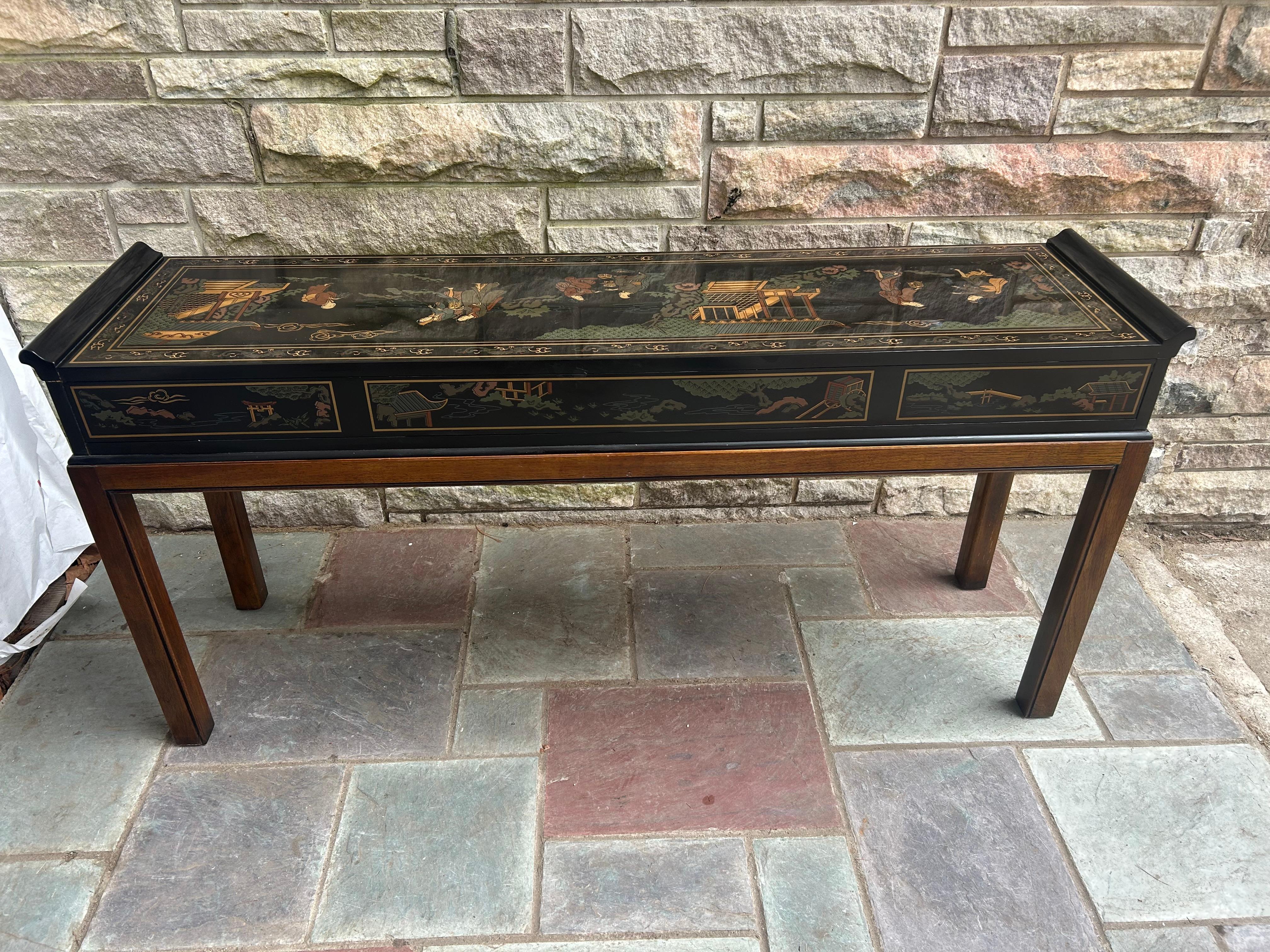 Fabuleuse table console Drexel en laque noire peinte à la main, milieu du siècle dernier en vente 5