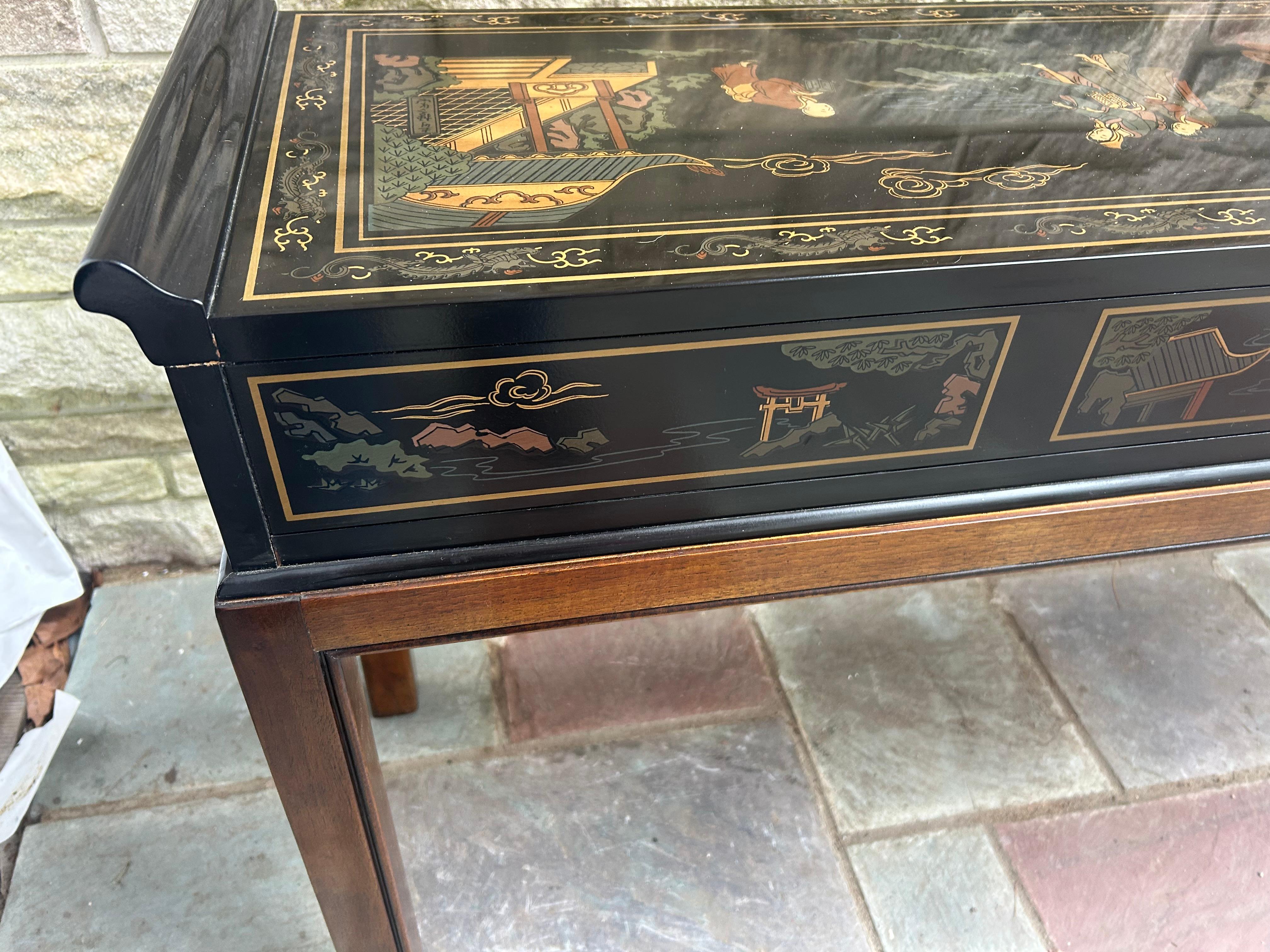 Fabuleuse table console Drexel en laque noire peinte à la main, milieu du siècle dernier en vente 6