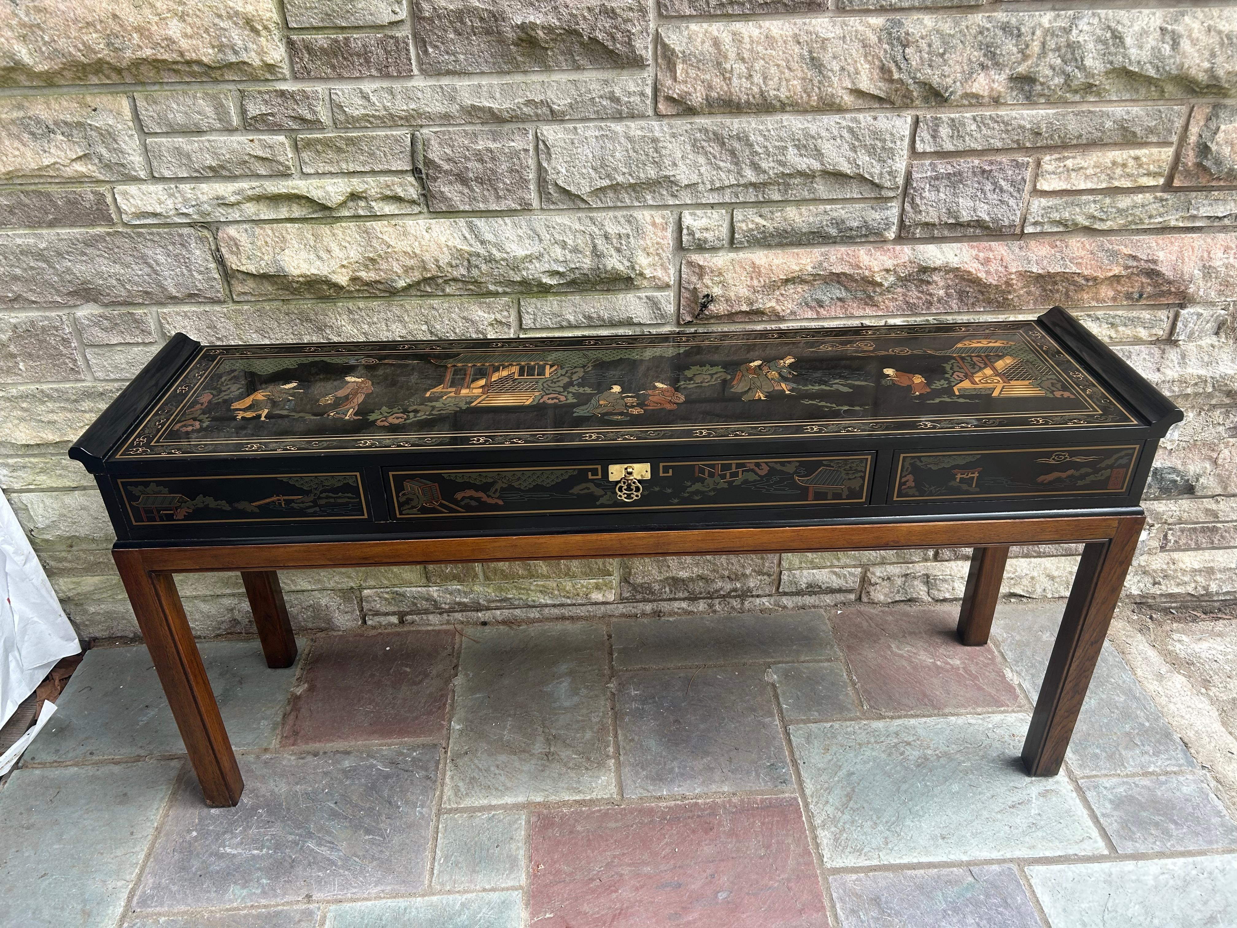Fabuleuse table console Drexel en laque noire peinte à la main, milieu du siècle dernier en vente 7