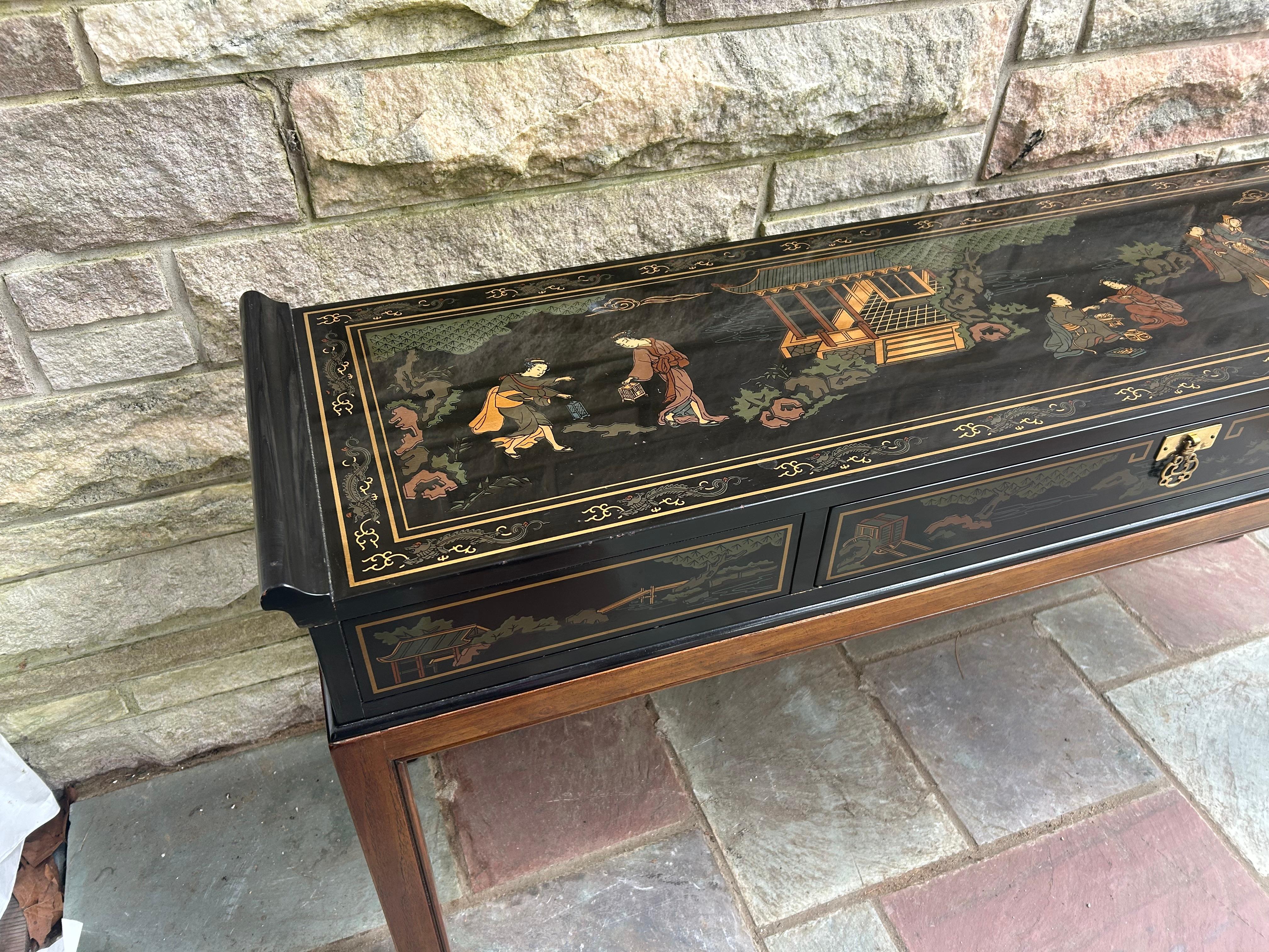 Mid-Century Modern Fabuleuse table console Drexel en laque noire peinte à la main, milieu du siècle dernier en vente