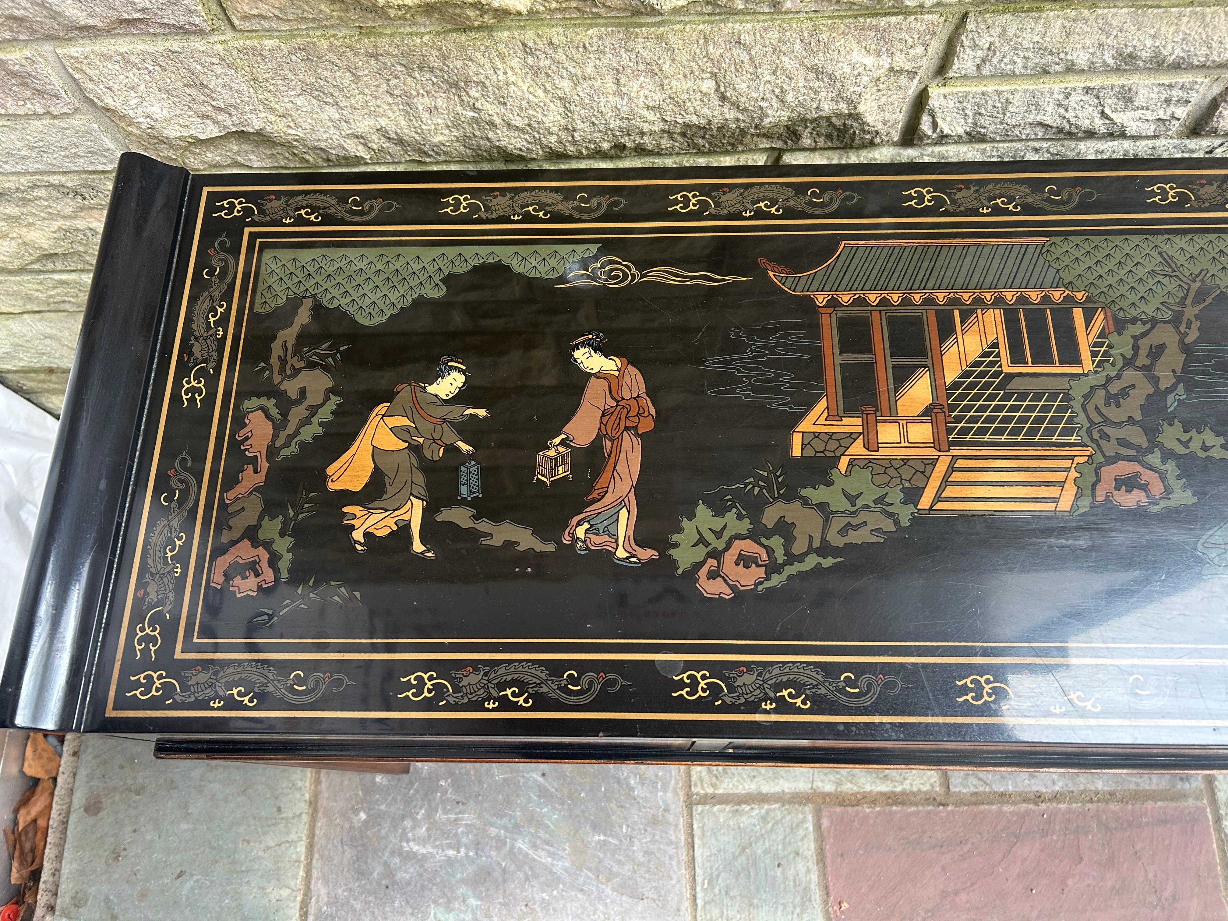 Américain Fabuleuse table console Drexel en laque noire peinte à la main, milieu du siècle dernier en vente