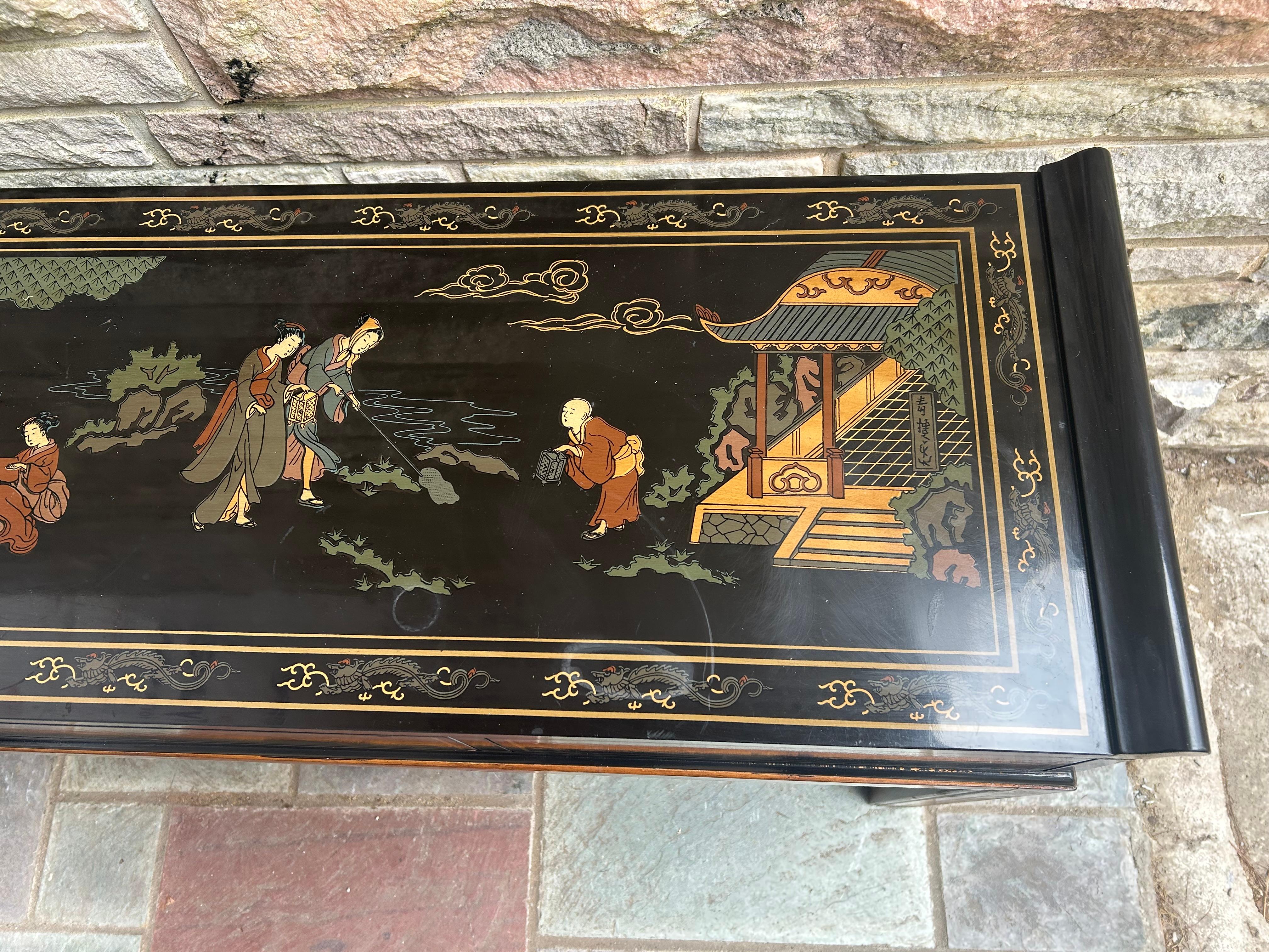 Fabuleuse table console Drexel en laque noire peinte à la main, milieu du siècle dernier Bon état - En vente à Pemberton, NJ